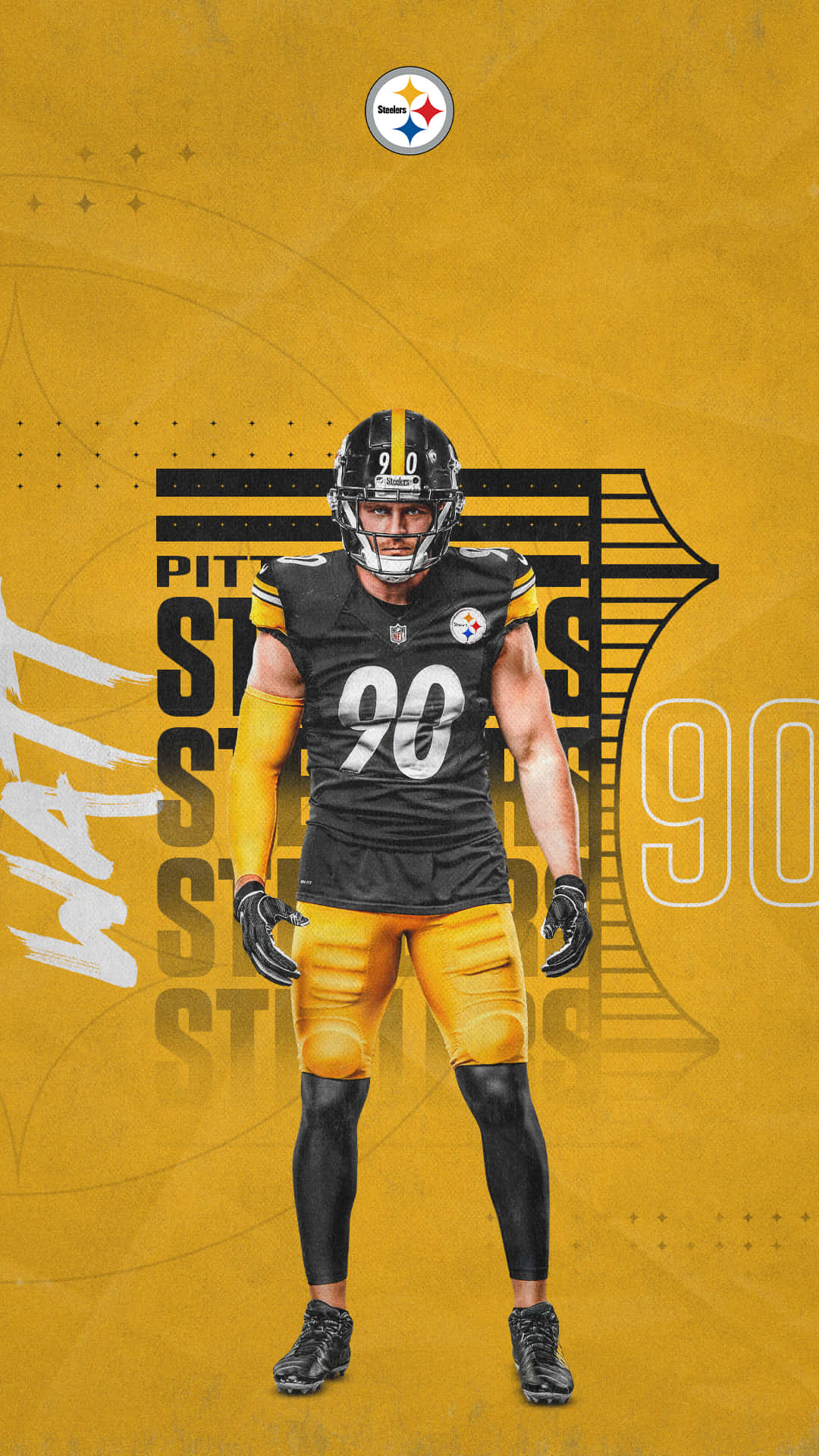 Steelers iPhone 桌布 壁紙 — 一名身穿黑金色球衣的匹茲堡鋼人隊美式足球員，自信地站在帶有球隊圖案的鮮黃色背景前。