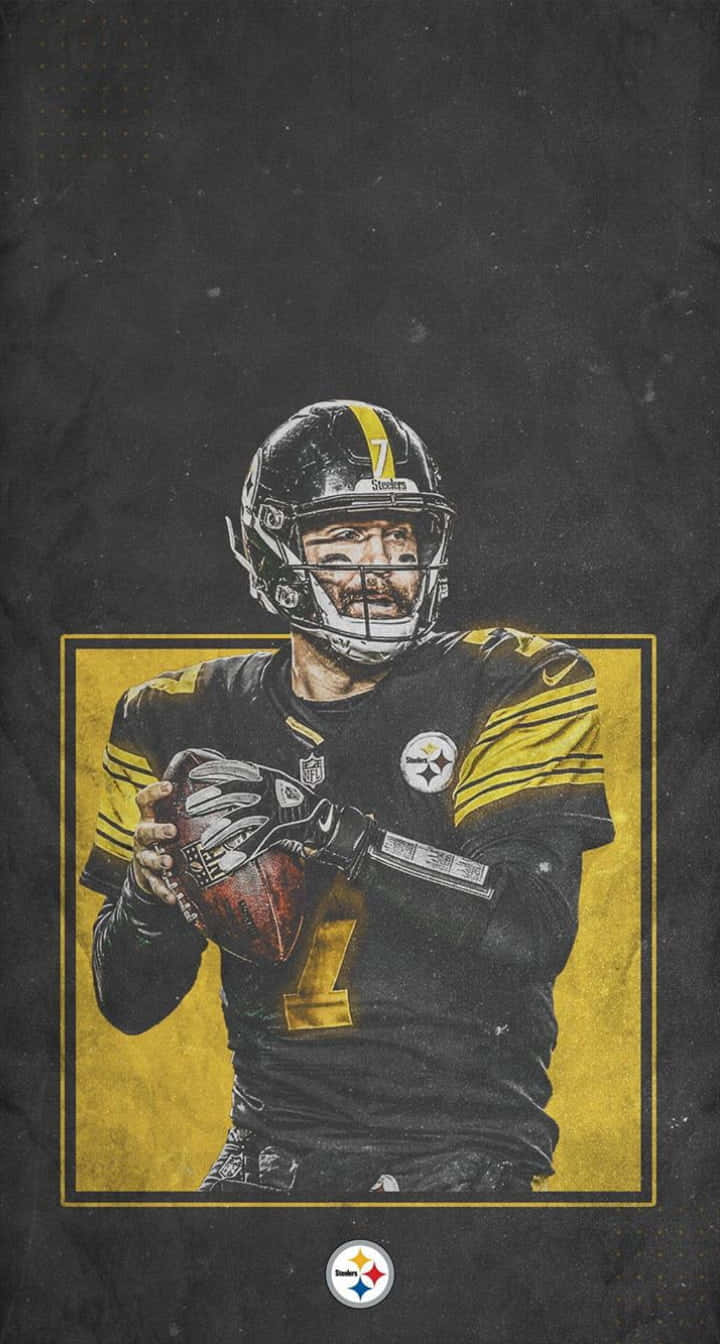 Steelers Phone 桌布 壁紙 — 一名身穿黑金色球衣的匹茲堡鋼人隊美式足球員，在帶有黃色邊框的深色紋理背景前手持橄欖球。