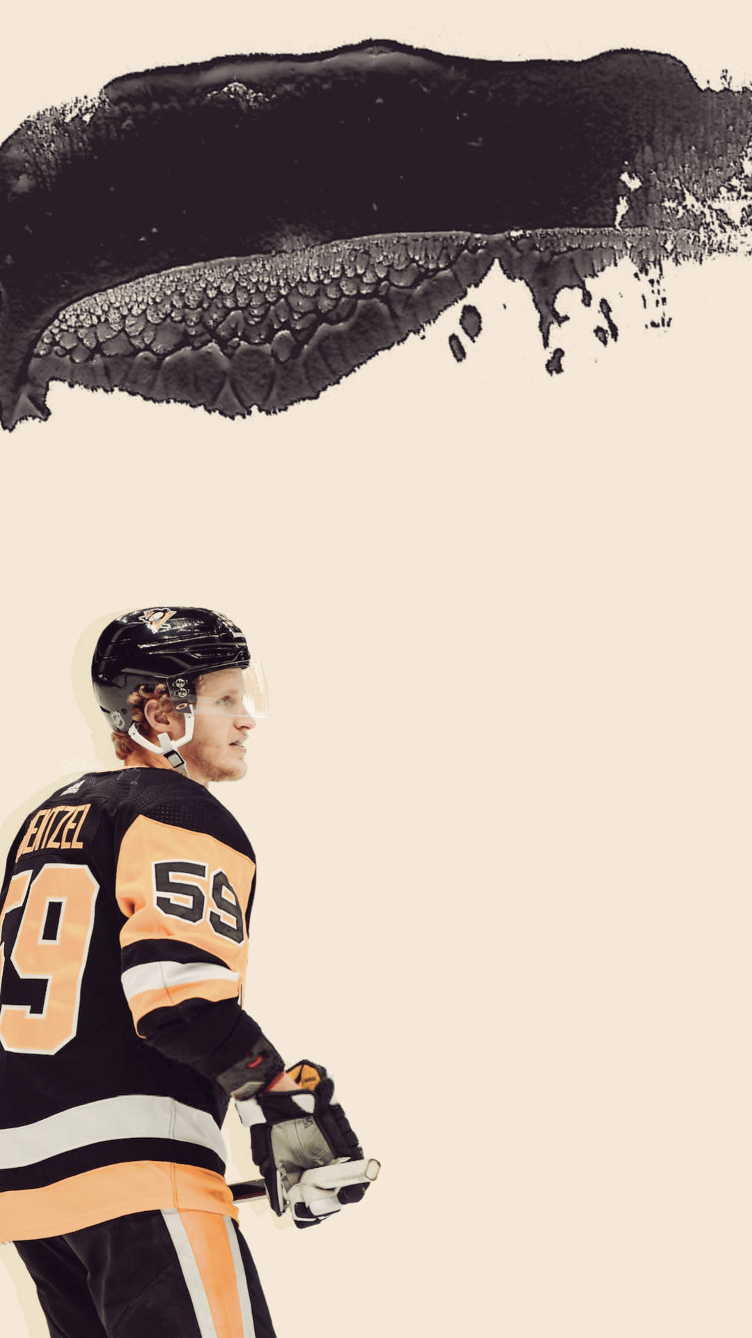 hockey 桌布 壁紙 — 一名身穿黑金色球衣的曲棍球運動員站在米色背景上戲劇性的黑色墨水飛濺之下。