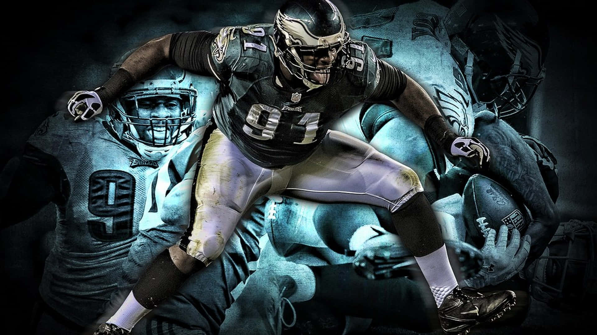 Eagles Football 桌布 壁紙 — 一名身穿黑銀色制服的力量型足球運動員，以強烈的專注和肌肉張力主導畫面。
