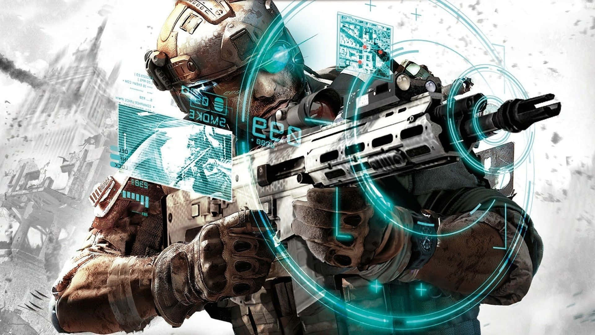Best Gaming 桌布 壁紙 — 一名身著未來裝甲的粗獷士兵，在戰火摧殘的城市景觀中，瞄準一把帶有發光藍色HUD覆蓋層的高科技步槍。
