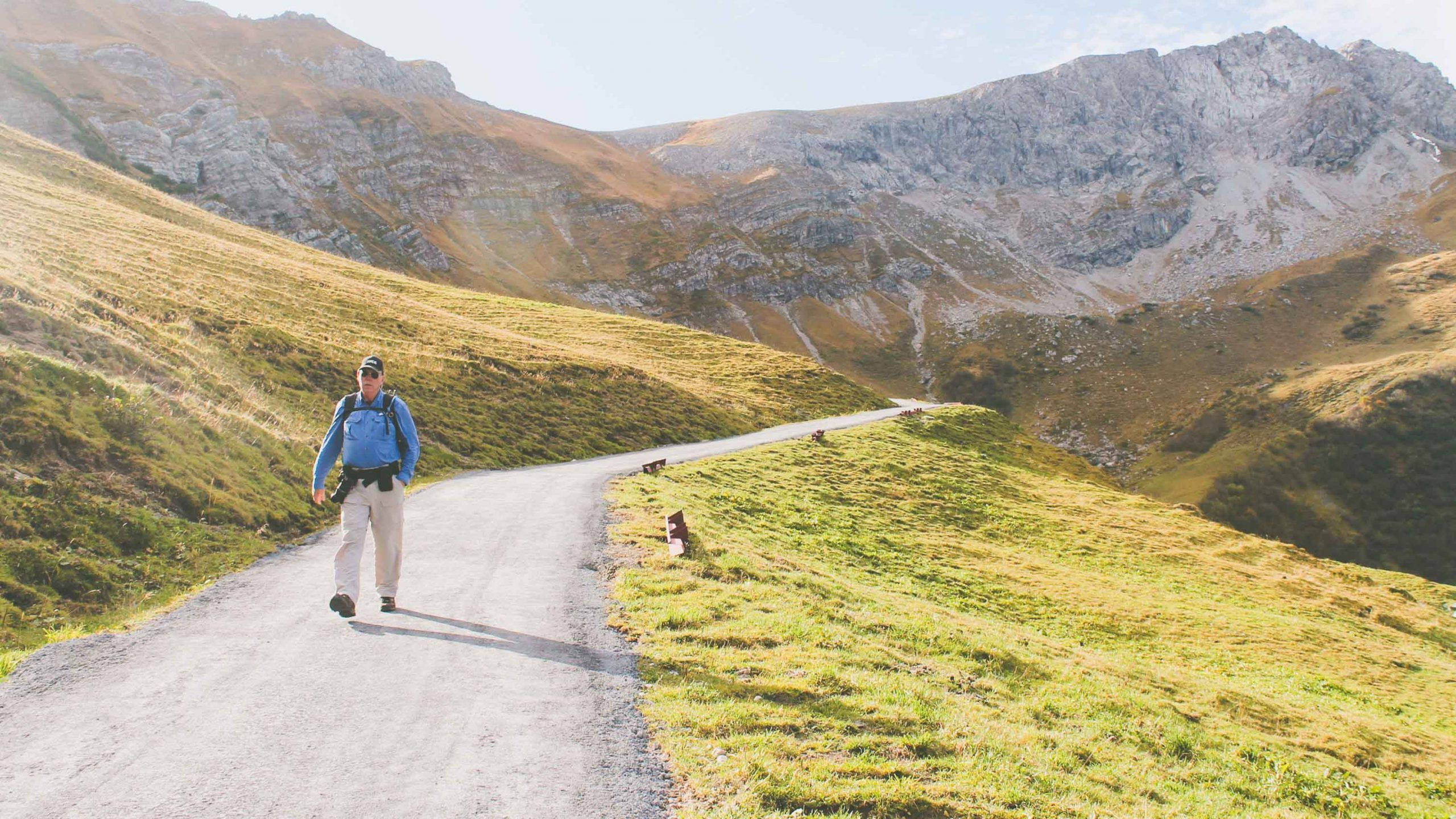 Liechtenstein 桌布 壁紙 — 一名遠足者獨自走在蜿蜒的山路上，穿過金色草原，天空晴朗。