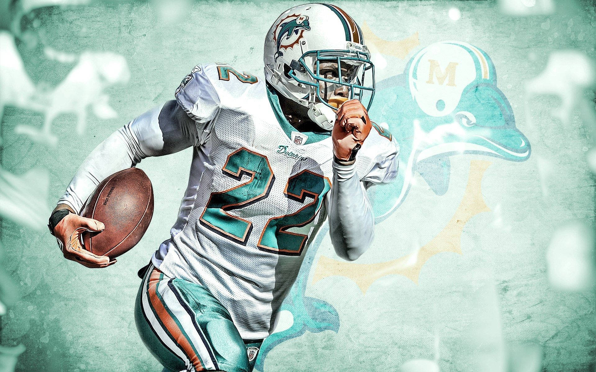 dolphins 桌布 壁紙 — 一名邁阿密海豚隊美式足球員，身穿22號球衣，在帶有紋理的青綠色和白色背景前持球奔跑。