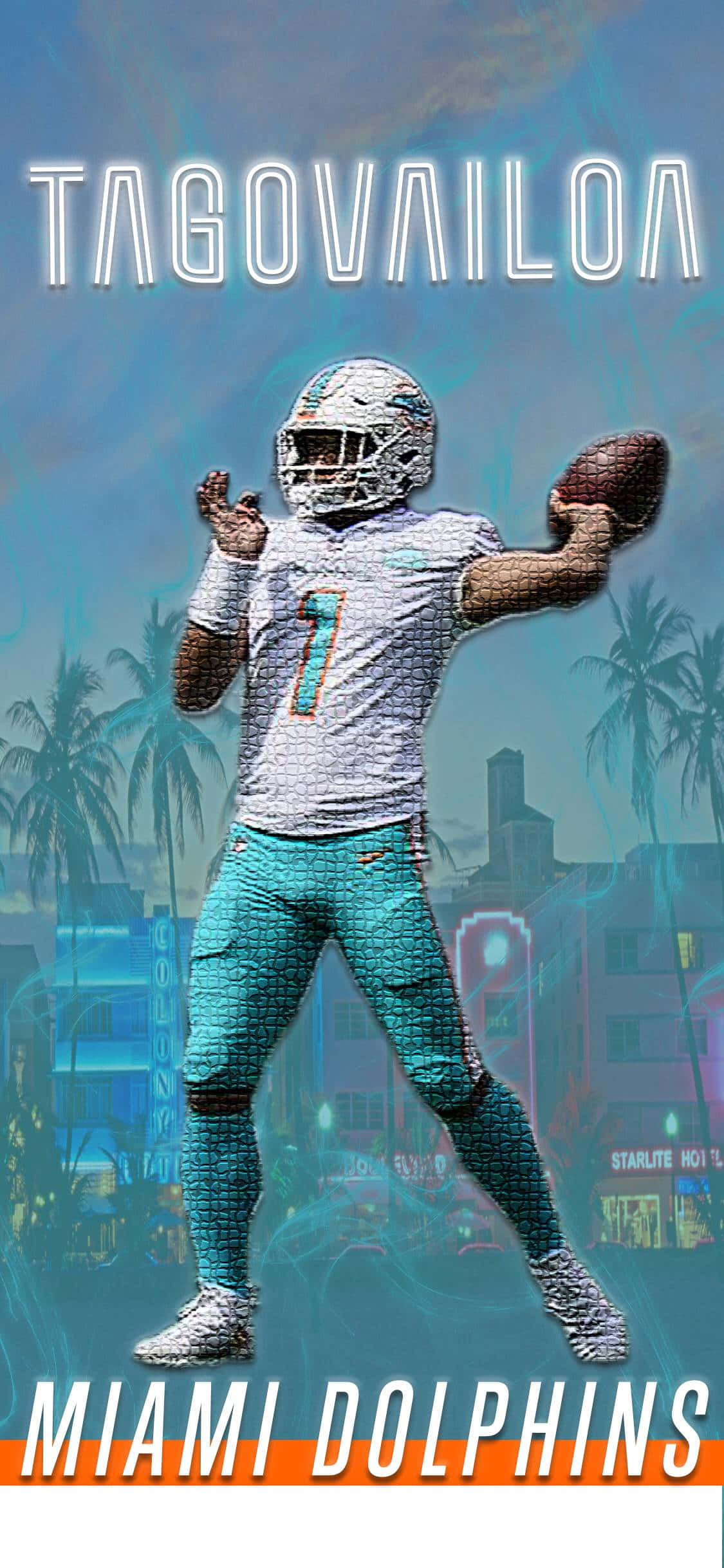 Tua Tagovailoa 桌布 壁紙 — 一名邁阿密海豚隊美式足球運動員在風格化的邁阿密天際線背景下擺出動作姿勢，背景有棕櫚樹和霓虹燈招牌。