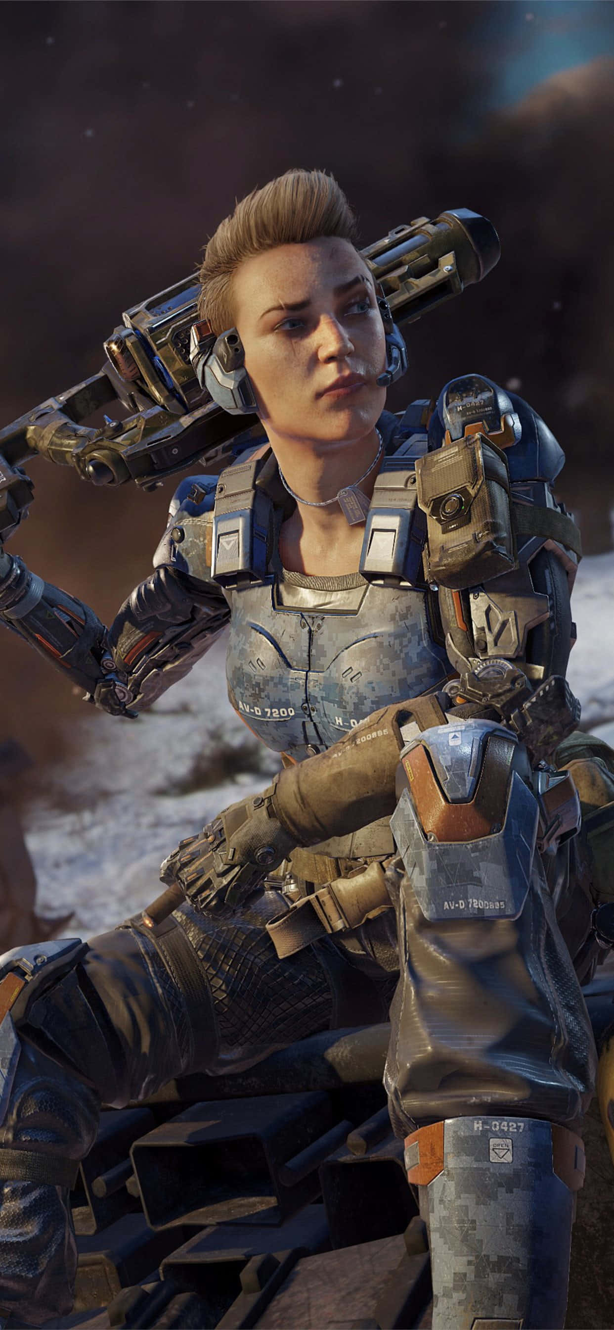 Cod Mobile Character Skins 桌布 壁紙 — 一名配備未來武器的機械士兵在星空下的雪地外星景觀中休息。