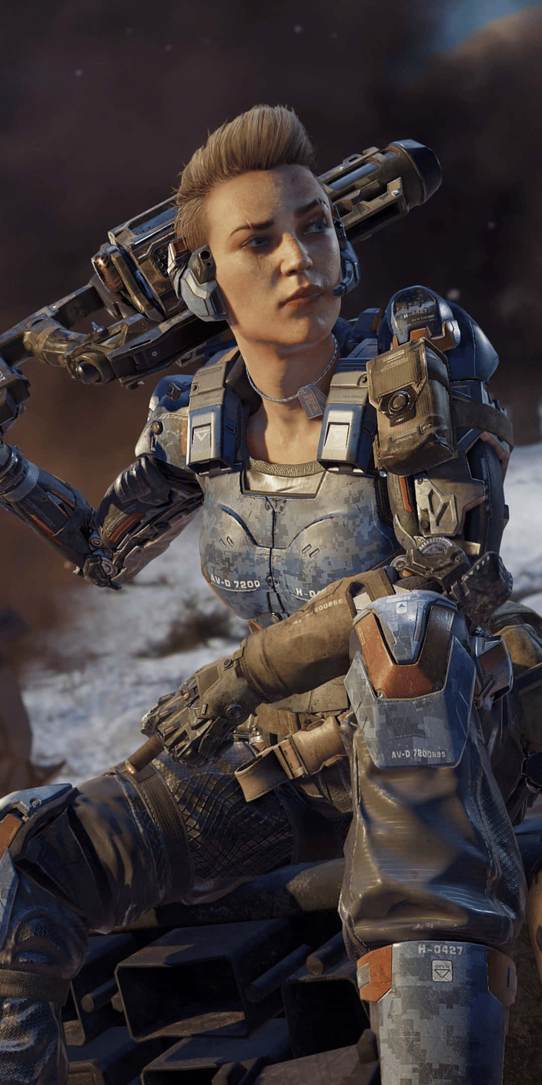 Pixel 3 Call Of Duty Black Ops Cold War 桌布 壁紙 — 一名配備未來武器的生化士兵在昏暗天空下的雪地戰爭廢墟中休息。
