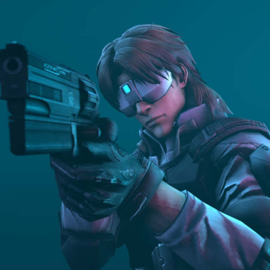 Ghost In The Shell Togusa 桌布 壁紙 — 一名配備發光眼部裝備的賽博龐克士兵，在青綠色背景下瞄準一把未來風格手槍。