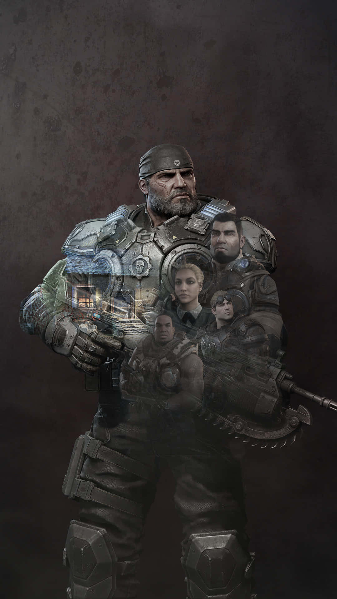 Best Gears Of War 5 桌布 壁紙 — 一名重甲士兵手持發光武器，半透明的盟友面孔漂浮在他周圍，背景為深色紋理。