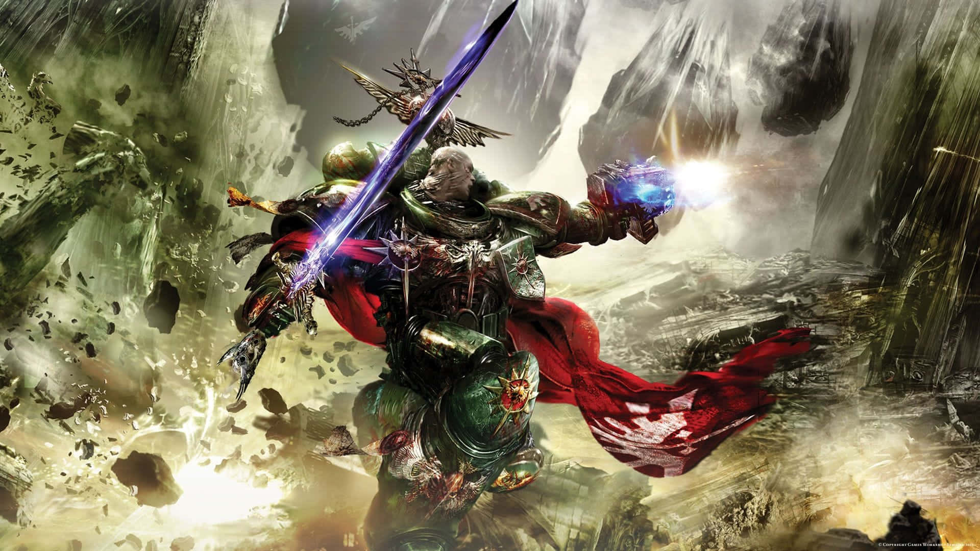電玩遊戲 桌布 壁紙 — 一名重甲戰士在 crumbling 戰場上揮舞著發光的劍和能量爆炸，周圍漂浮著碎片。