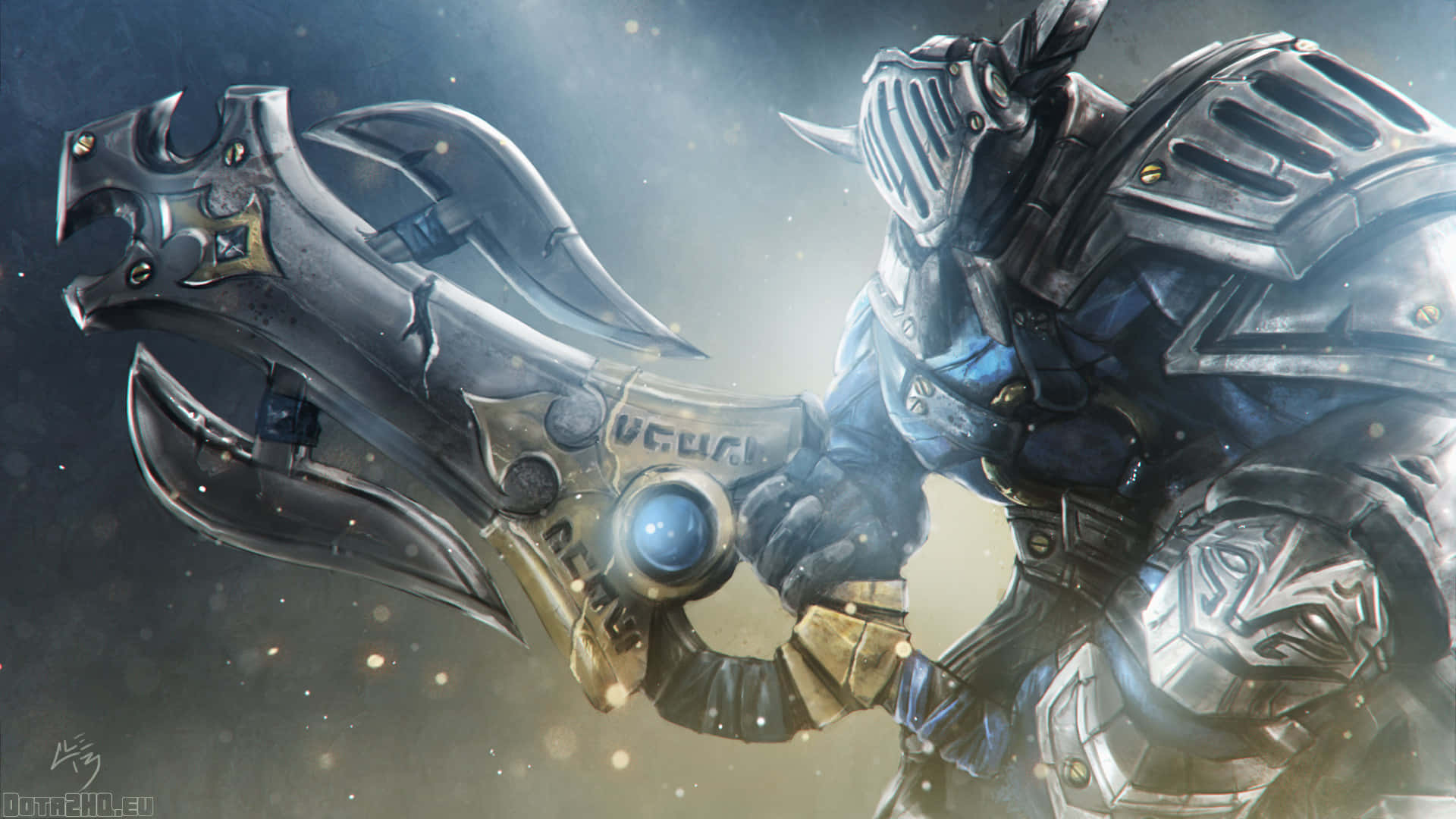 Dota 2 Sven 桌布 壁紙 — 一名重甲戰士在星光宇宙背景下，以戲劇性的燈光揮舞著一把巨大的發光斧頭。