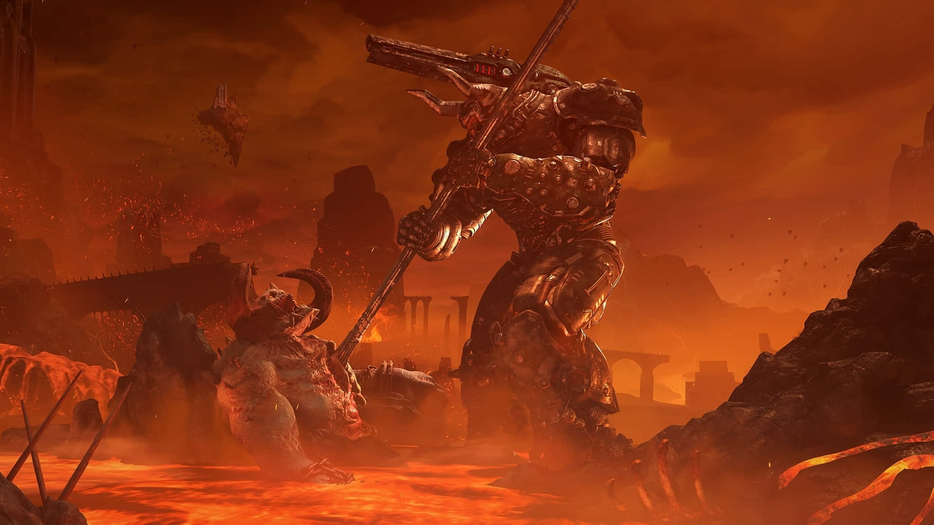 Doom Eternal HD 桌布 壁紙 — 一名重甲戰士在橙光籠罩的烈火末日景觀中，勝利地站在倒下的野獸之上。