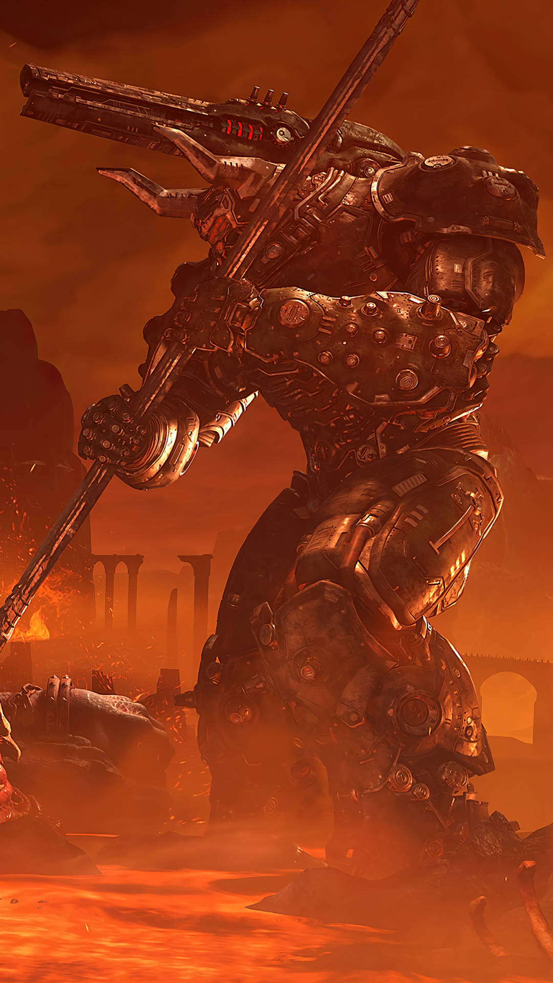 Doom Eternal 桌布 壁紙 — 一名重甲戰士在烈火戰場上傲然挺立，揮舞著巨大武器，背景是燃燒的廢墟和橙色的天空。