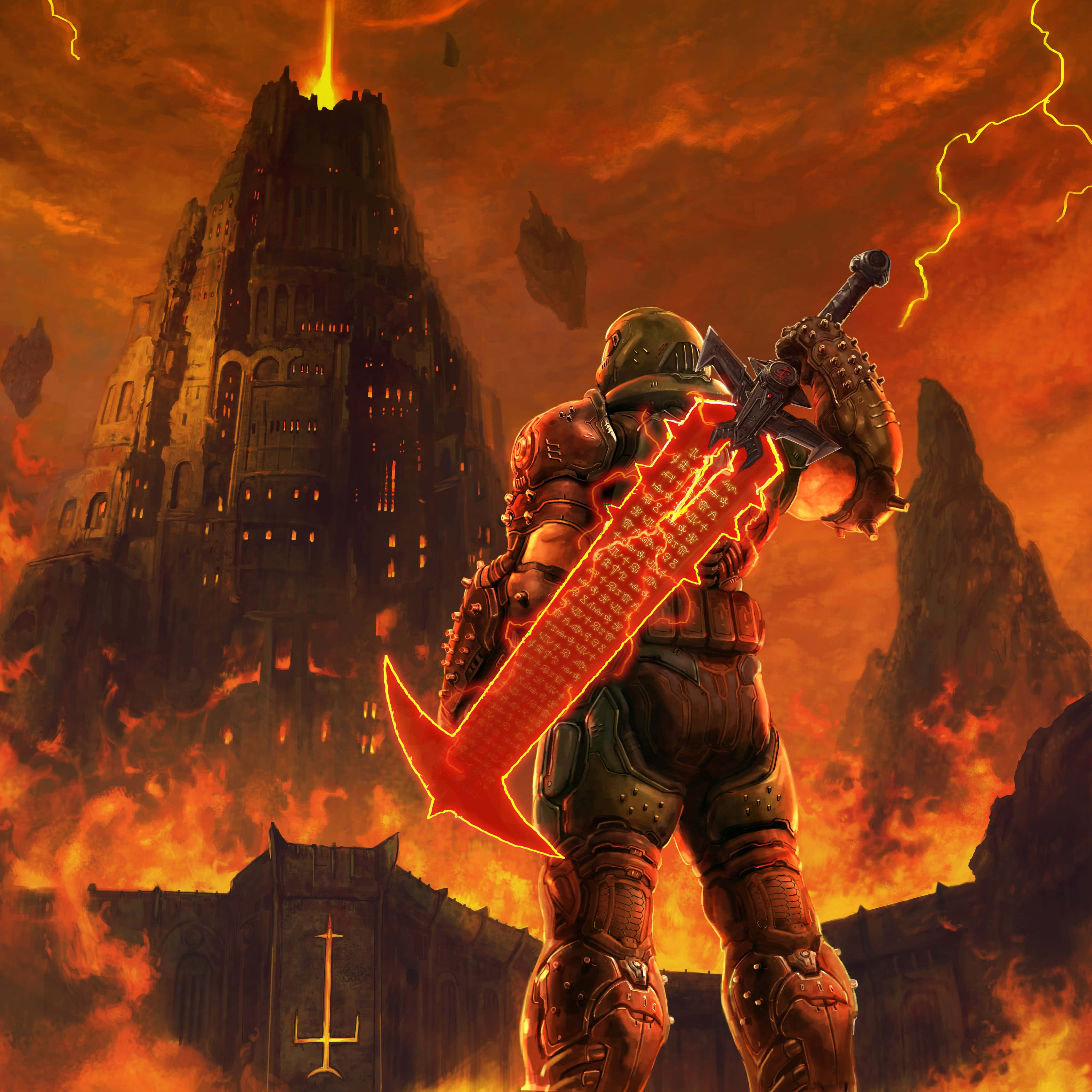 Doom Slayer 桌布 壁紙 — 一名重甲戰士在風暴橙色天空下，以燃燒崩塌的城堡為背景，揮舞著發光的紅色劍。