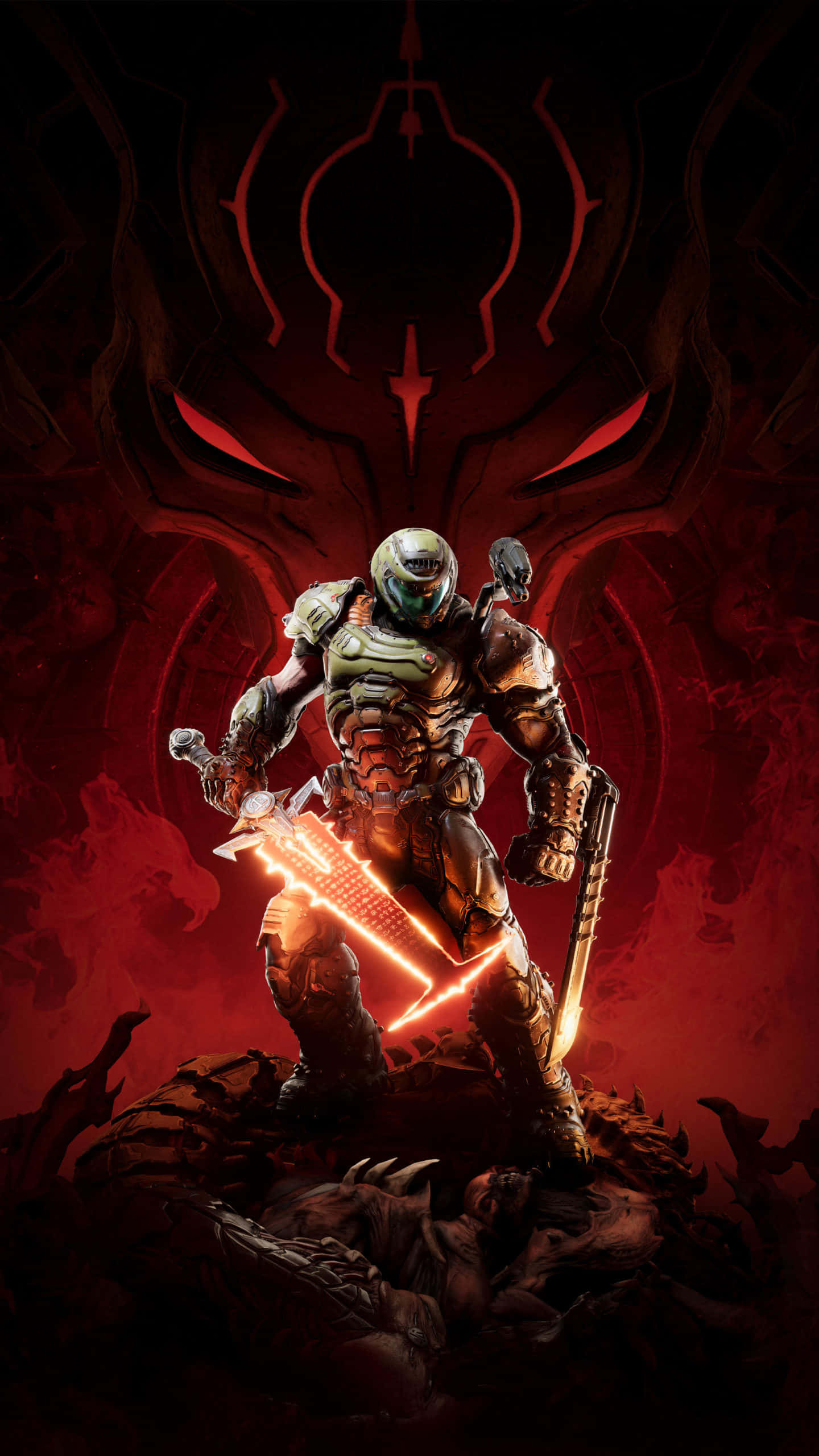 Pixel 3xl Doom 桌布 壁紙 — 一名重甲戰士揮舞著發光劍，對抗帶有發光眼睛的惡魔紅色背景。