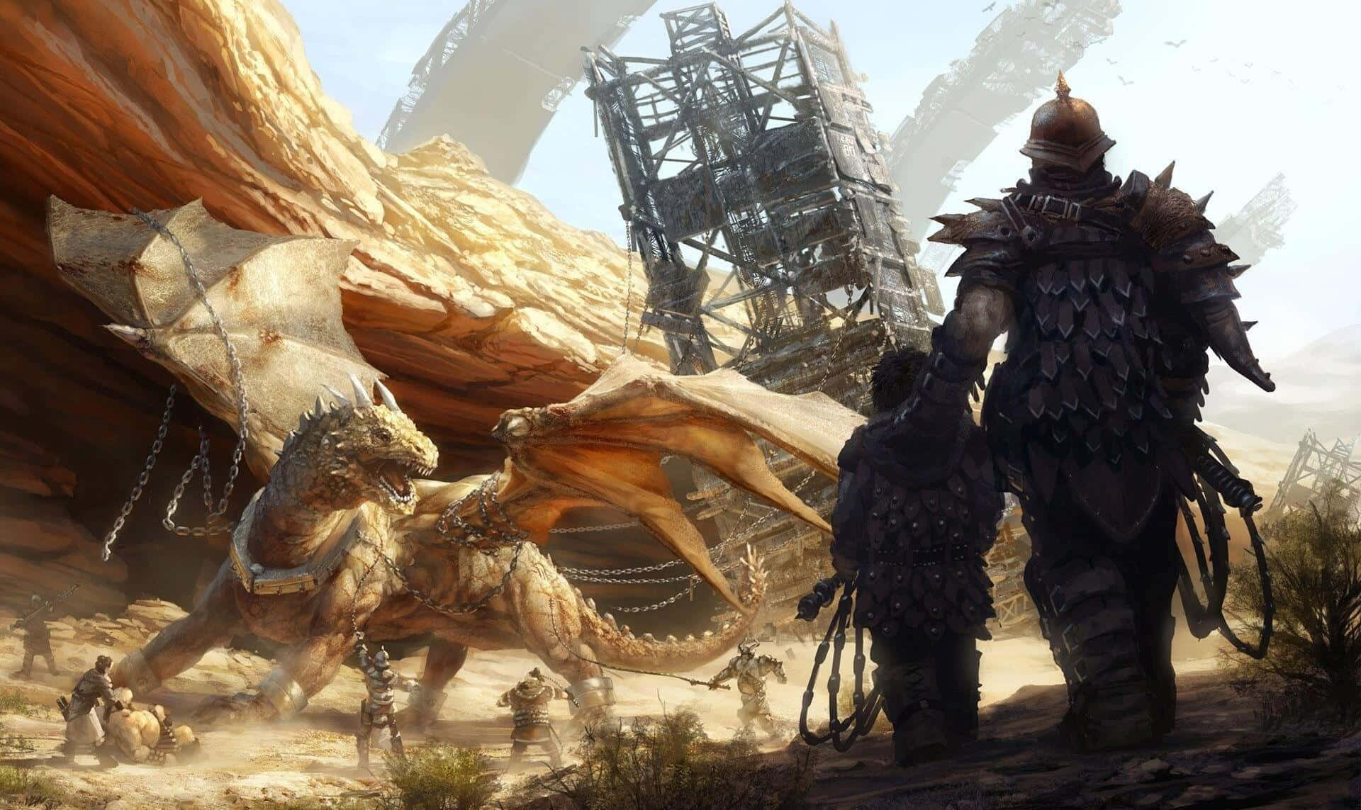 Best Dragon Age Inquisition 桌布 壁紙 — 一名重甲戰士站在一條被鎖鏈束縛的龍旁邊，身處一個荒涼的峽谷，周圍有破損的金屬結構。