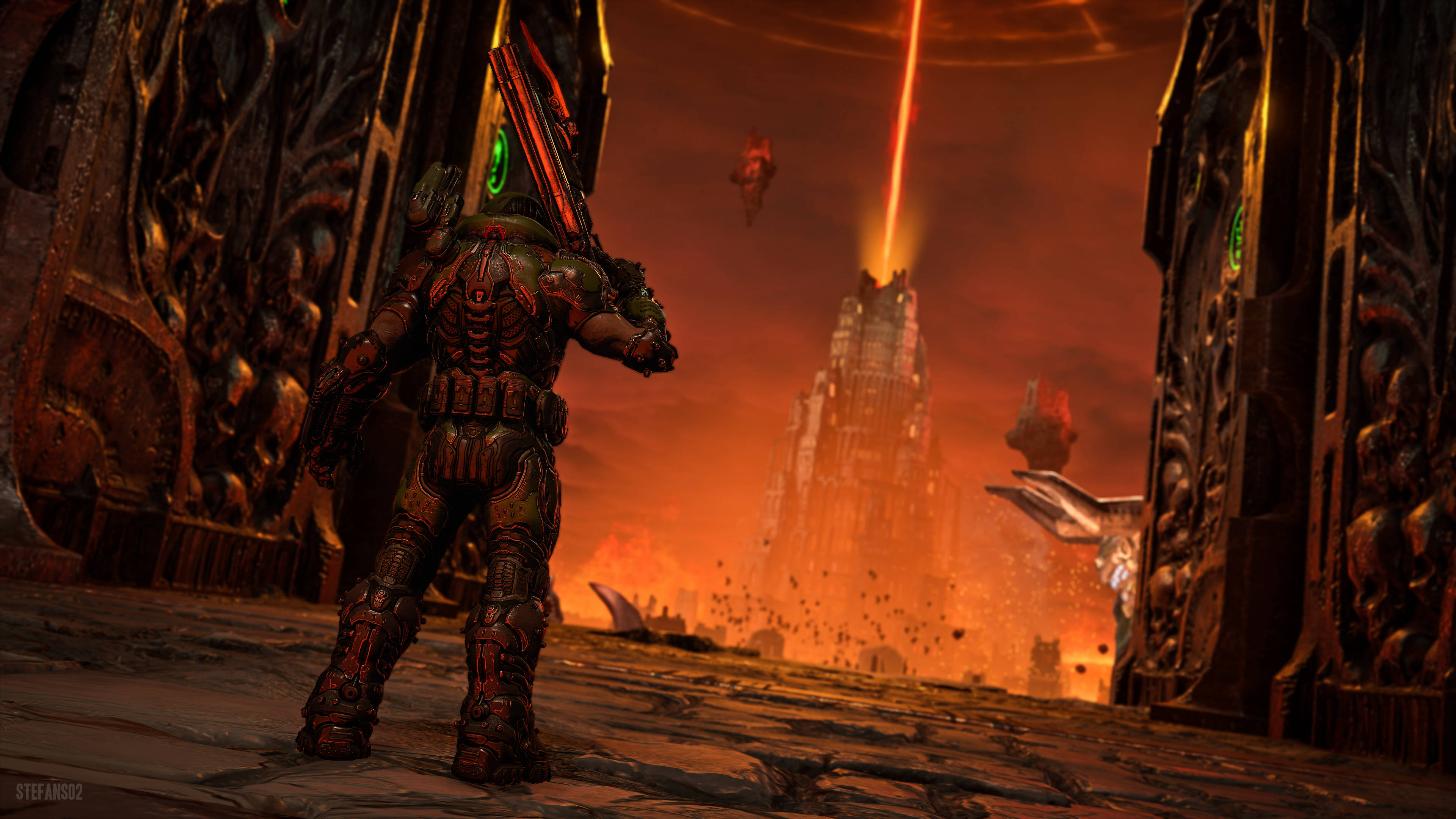 Doom 4K 桌布 壁紙 — 一名重甲戰士站在巨大的華麗大門前，面對著一座高聳的要塞，天空火紅，漂浮著碎片。