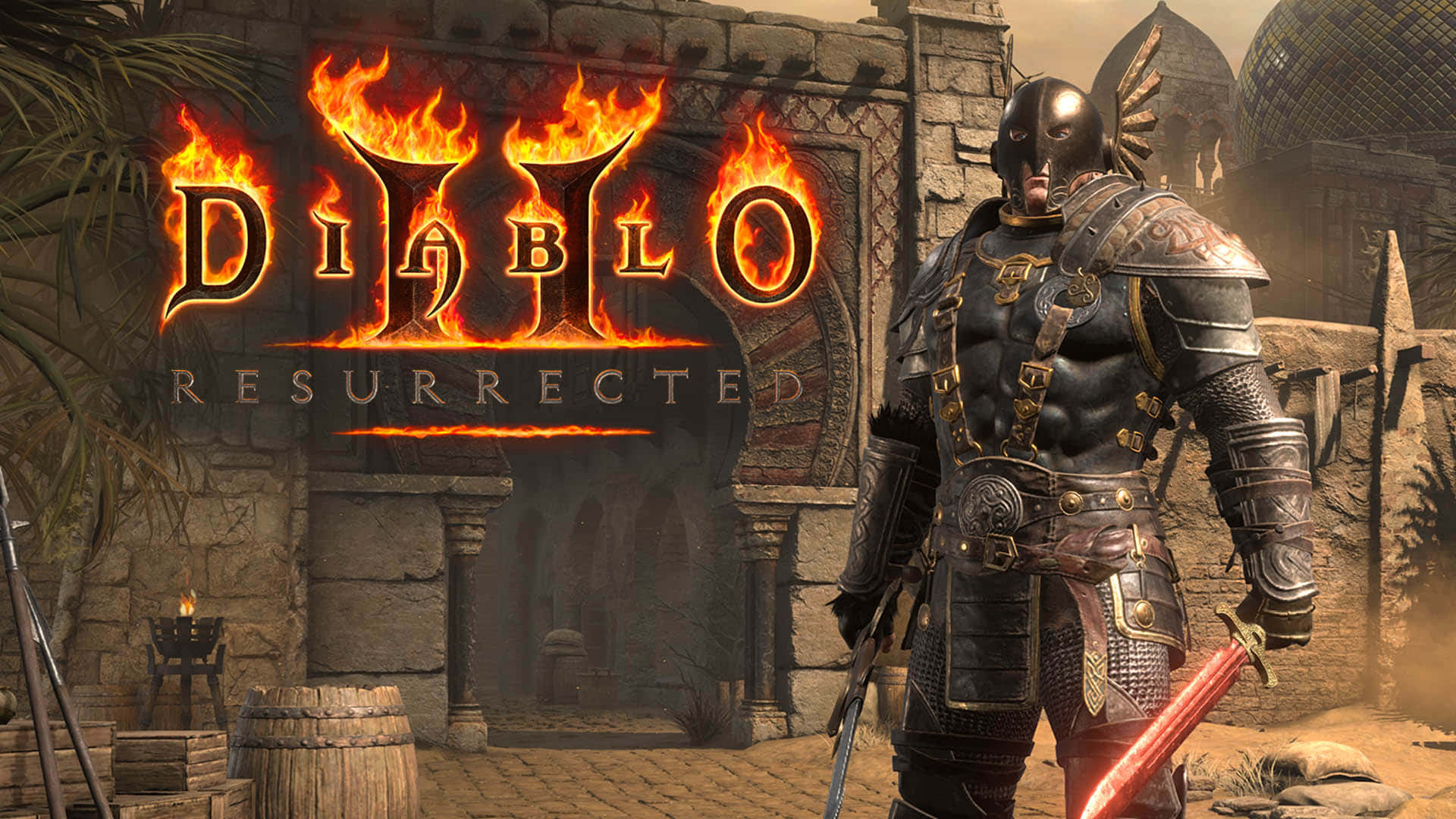 桌布 壁紙 — 一名重甲戰士站在石頭廢墟場景中，面前是燃燒的 Diablo II Resurrected 標誌。