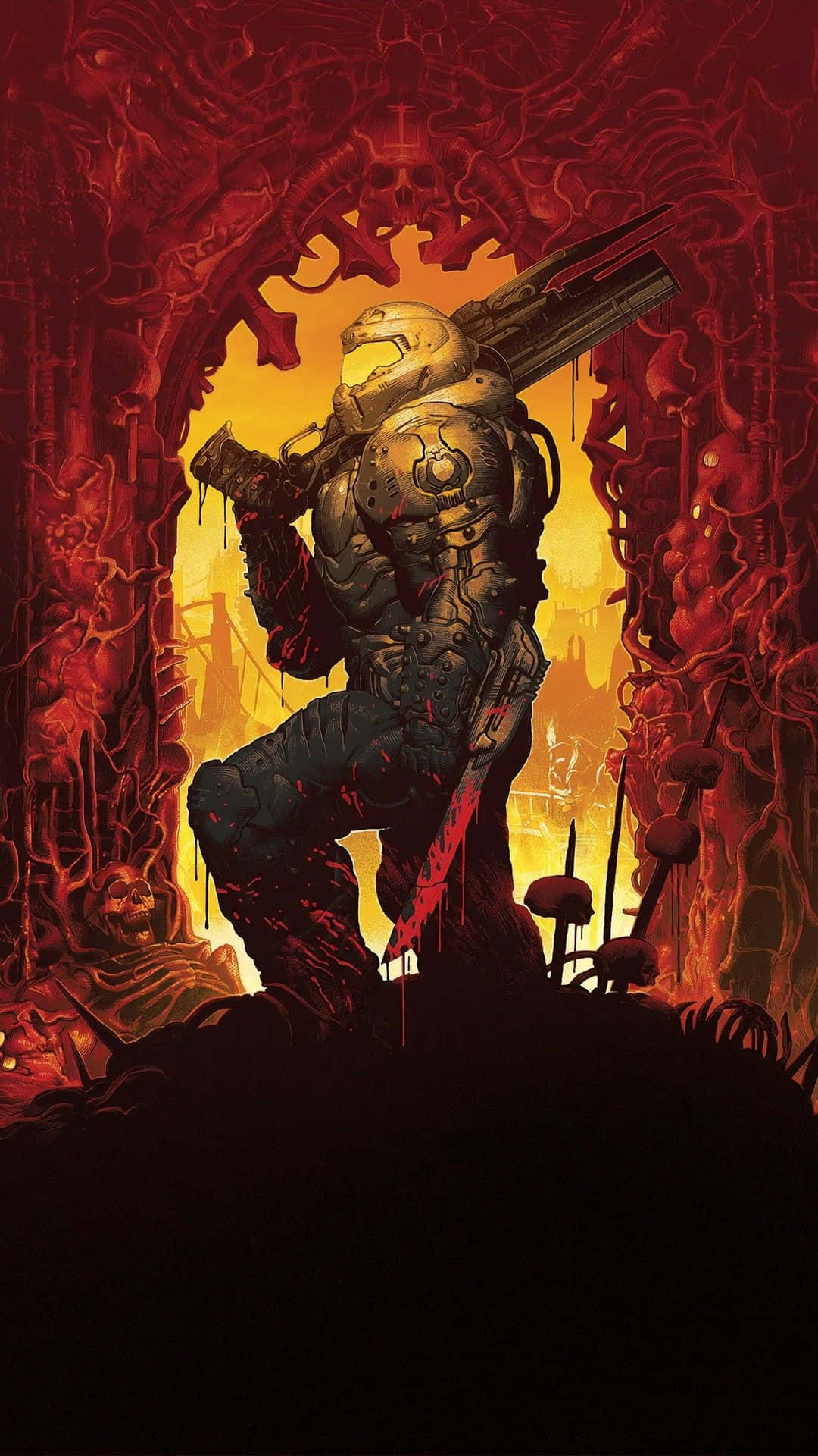 Doom Eternal 桌布 壁紙 — 一名重甲戰士站在血紅色、飾有骷髏的拱門中，手持巨型武器，背景是發光的橙色。