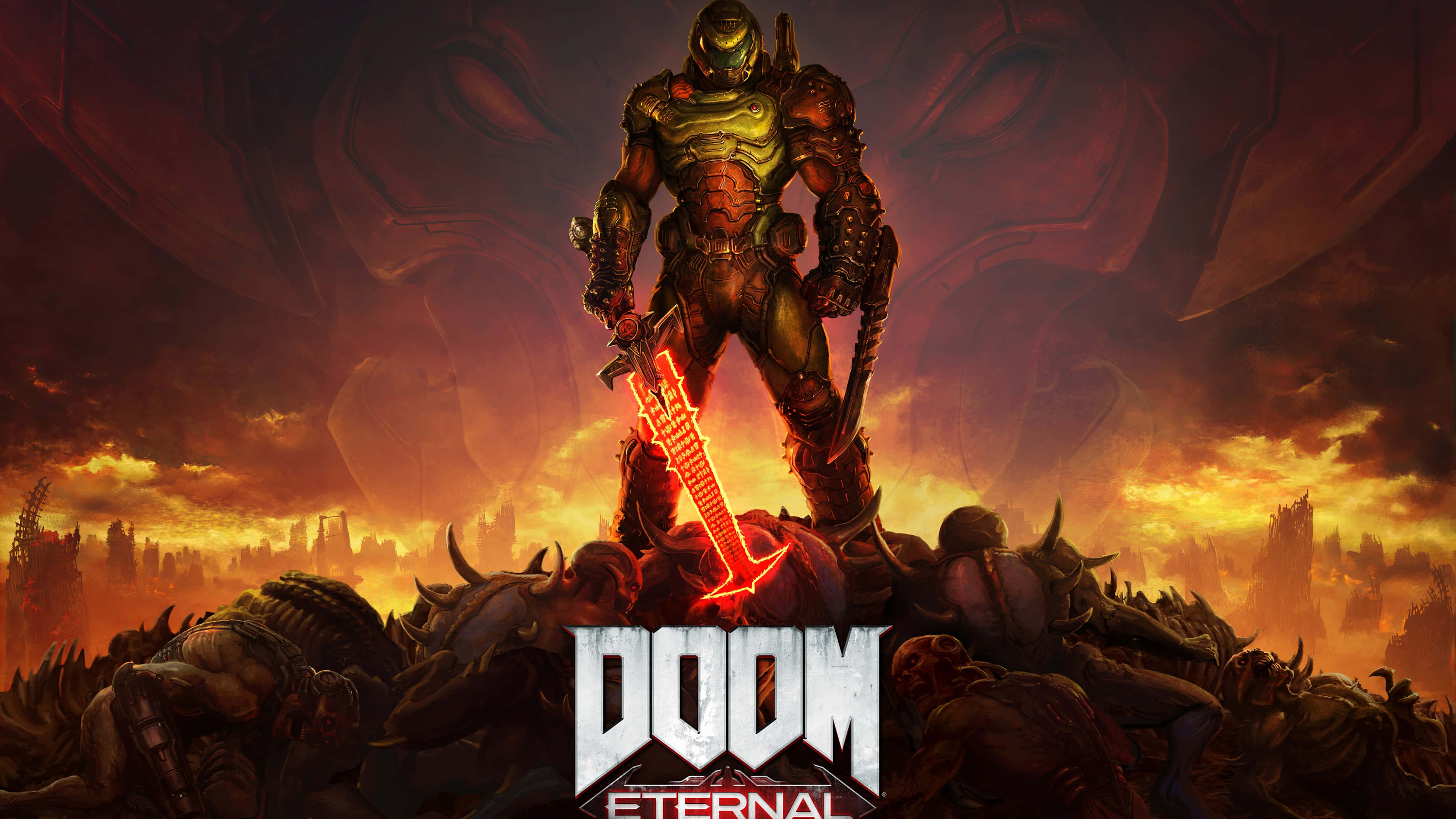 Doom Eternal 4K 桌布 壁紙 — 一名重甲戰士站在被擊敗的惡魔堆上，背後是熾熱的末日天空，展現勝利姿態。