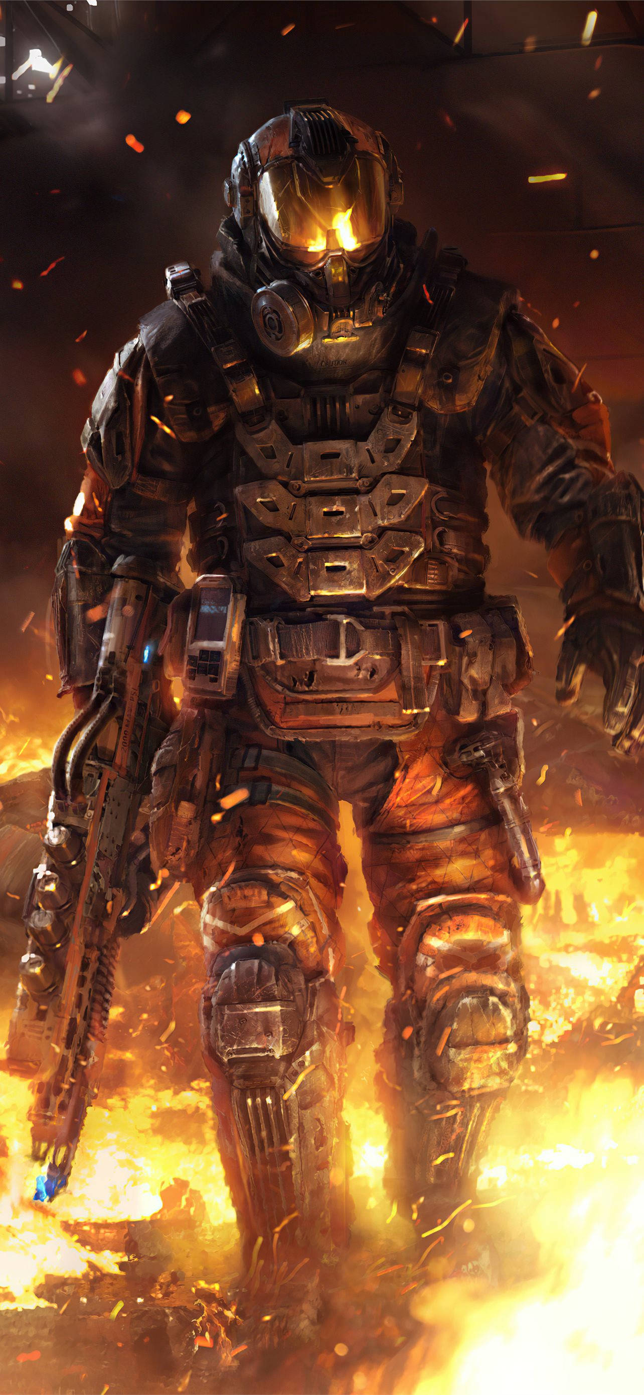 Call Of Duty Black Ops 3 桌布 壁紙 — 一名重裝士兵在烈焰戰場上挑釁地站立，火花在他發光的頭盔周圍飛舞。