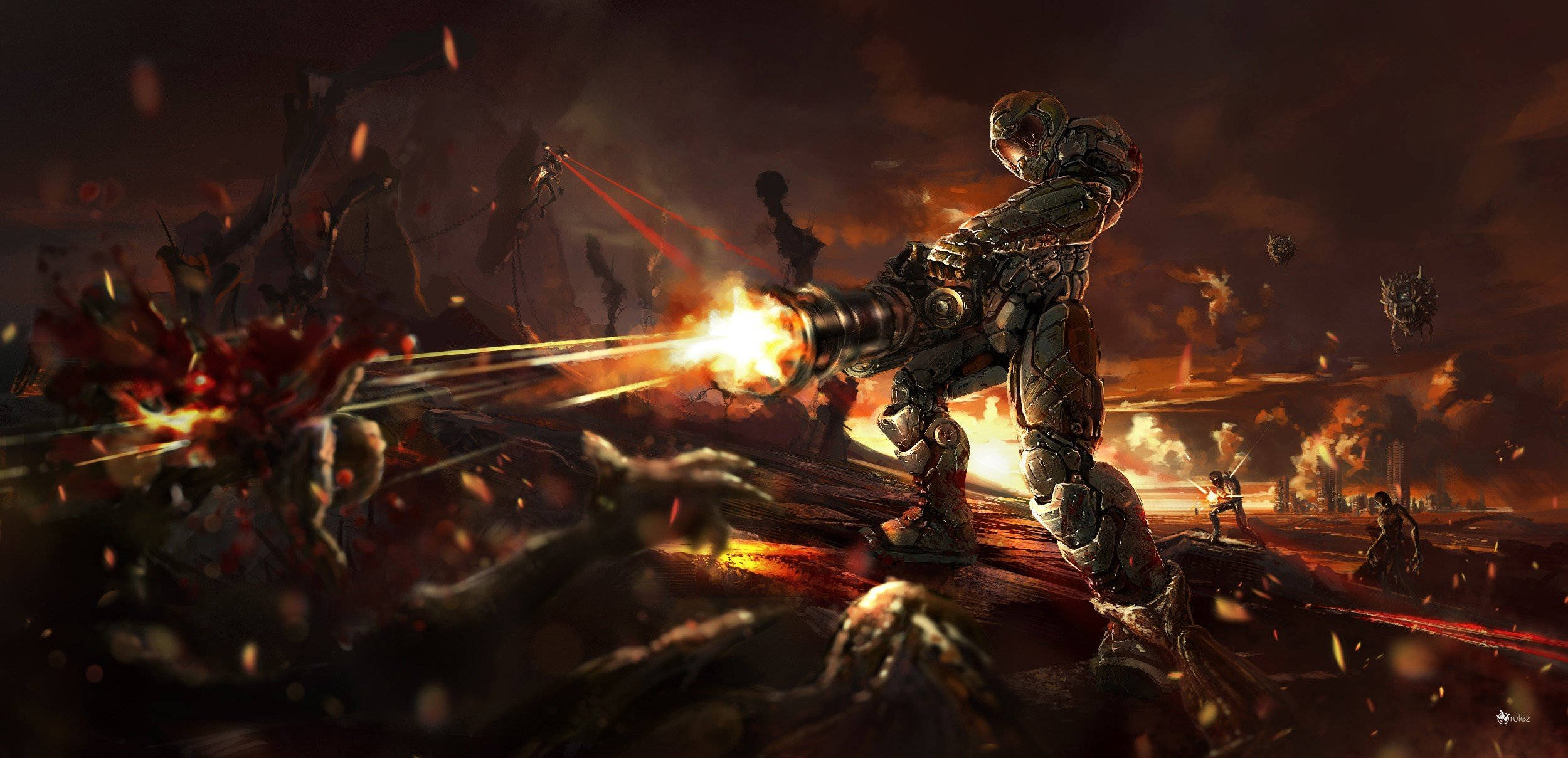 Doom Game 桌布 壁紙 — 一名重裝士兵在熾熱的末日戰場上，向怪物發射燃燒的武器。