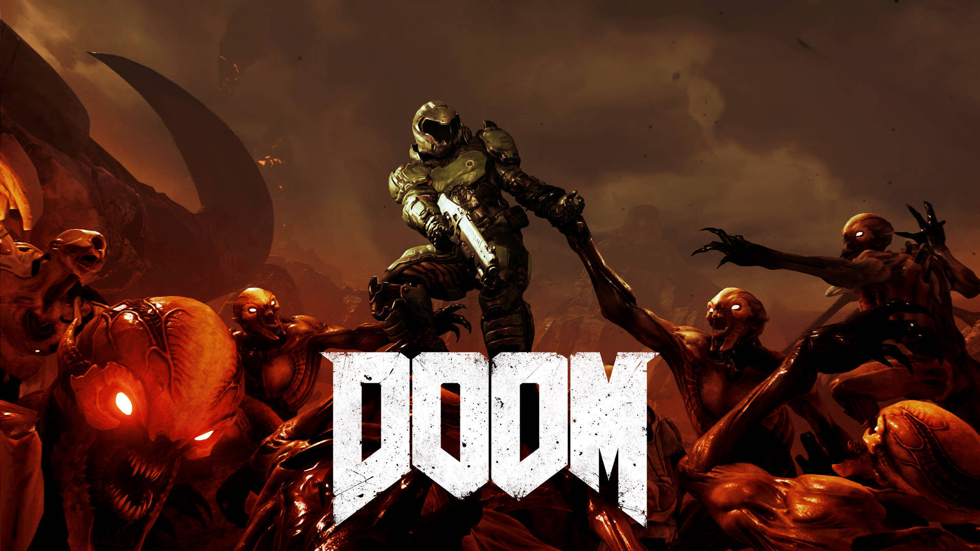 Doom Game 桌布 壁紙 — 一名重裝士兵在燃燒的地獄景觀中，面對一群怪誕的惡魔生物，堅定地站立著。