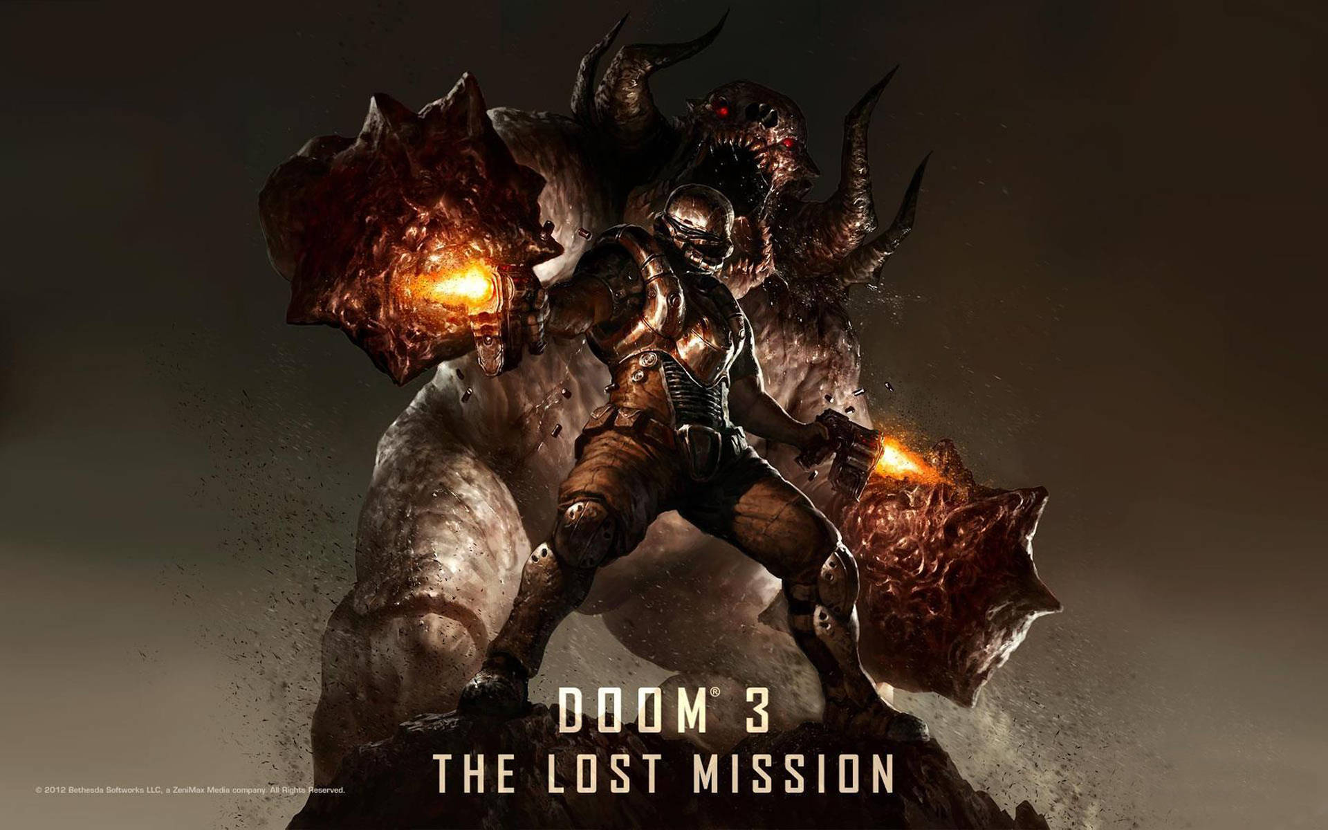 Doom 4K 桌布 壁紙 — 一名重裝士兵在黑暗骯髒的環境中，用發光的橙色武器與巨大的惡魔生物戰鬥。