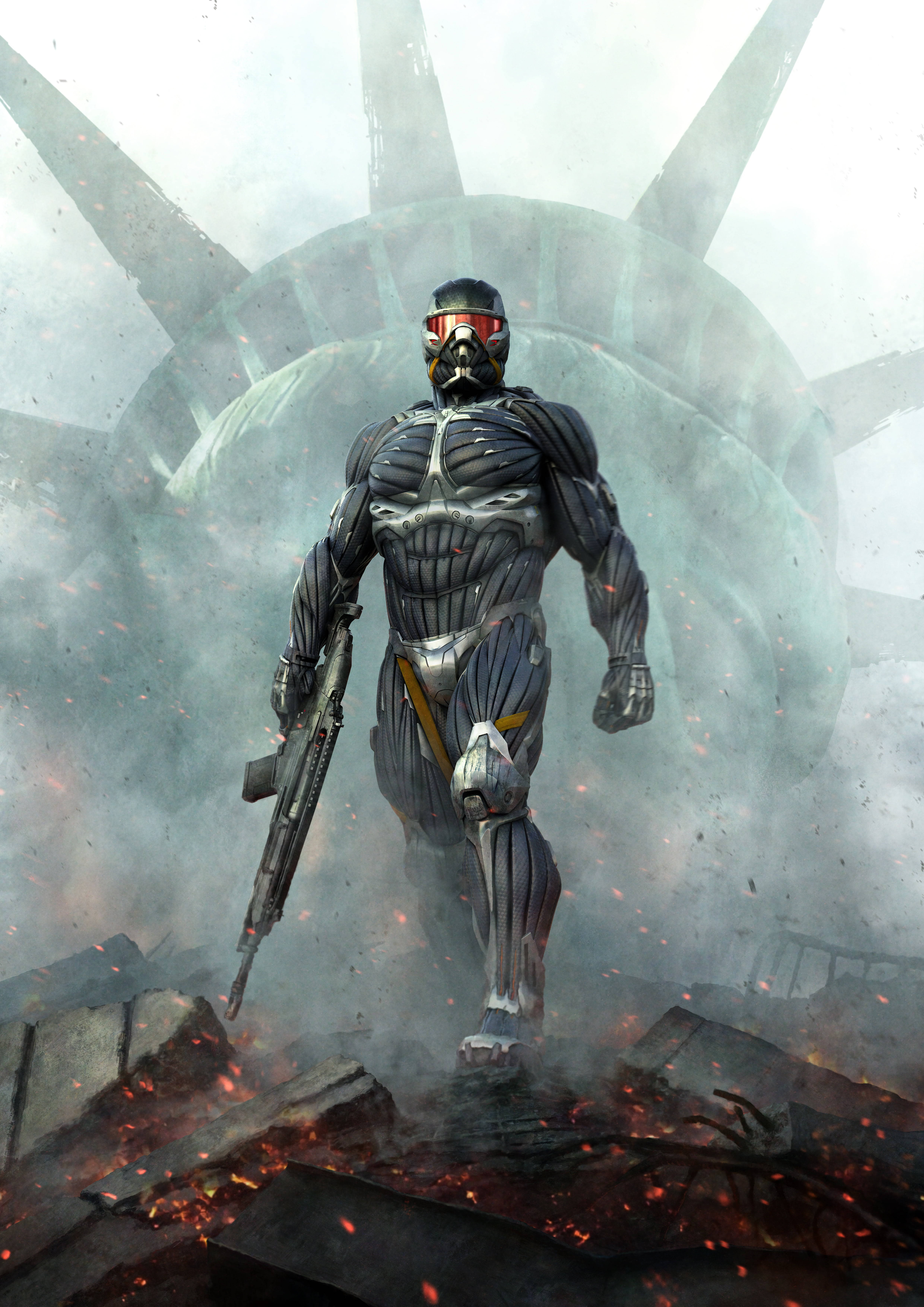 crysis 3 4K 桌布 壁紙 — 一名重裝士兵持步槍穿過瓦礫，背後煙霧瀰漫的戰場上矗立著破碎的自由女神像。