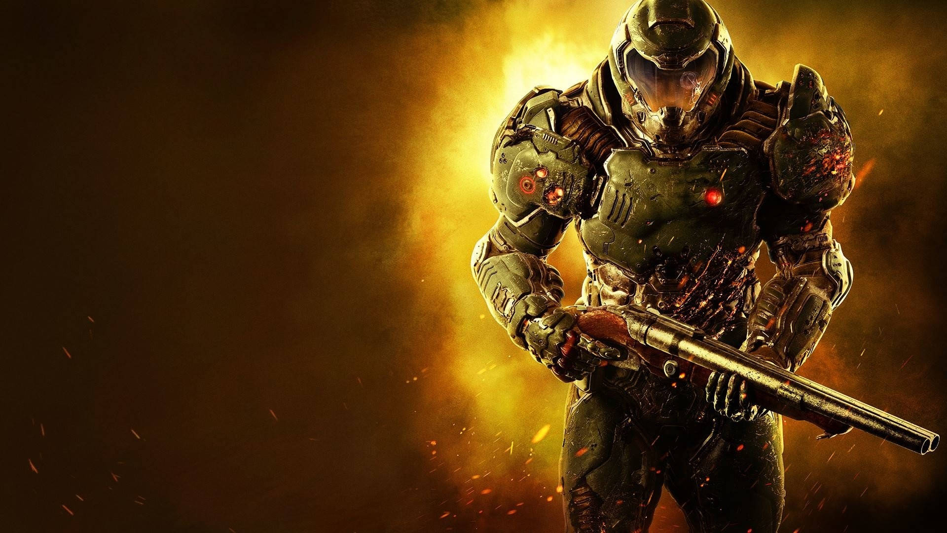 doom HD 桌布 壁紙 — 一名重裝士兵挑釁地站在熾熱的橙色背景前，手持霰彈槍，火花在他周圍飛舞。