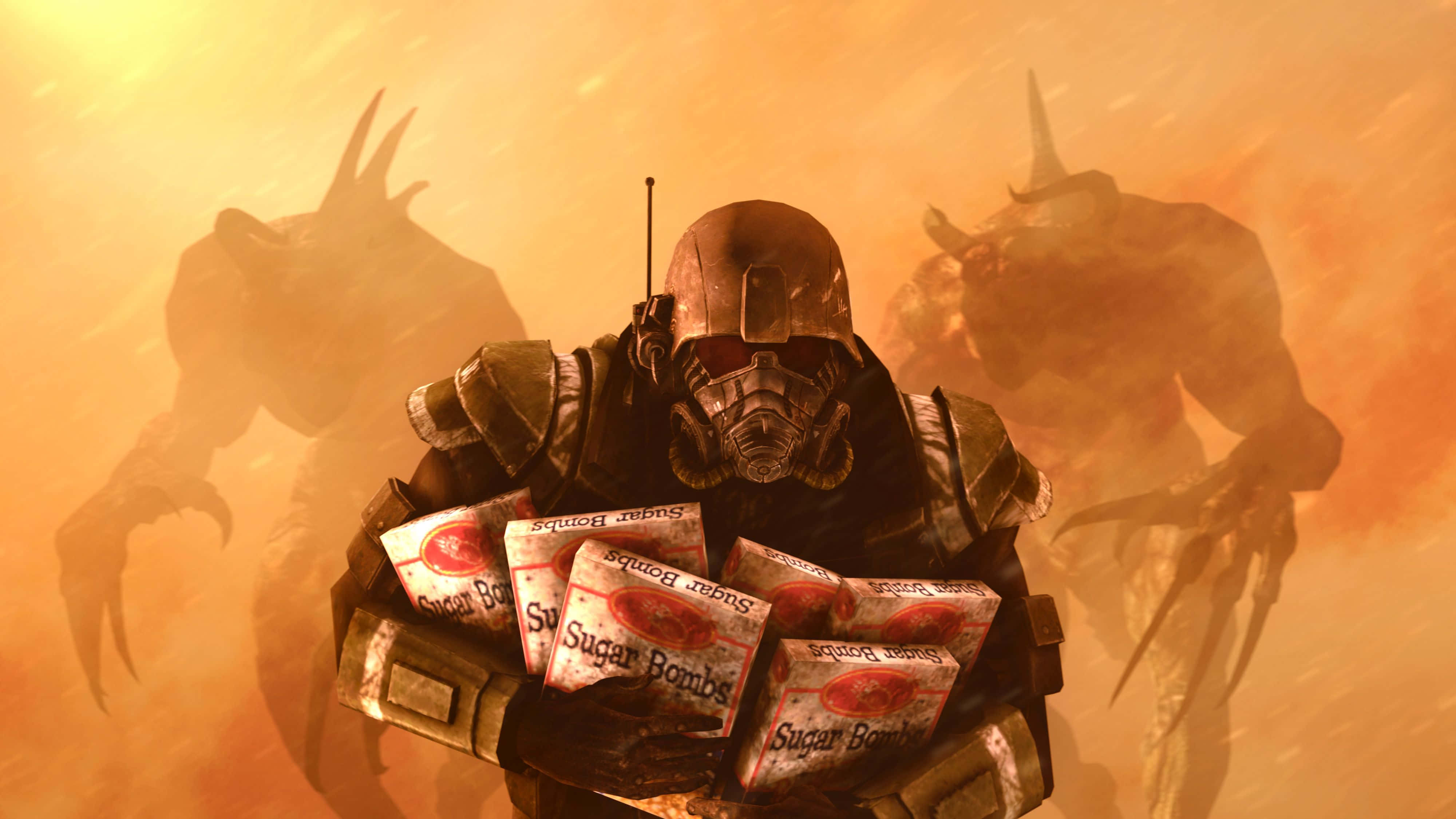 Fallout Nv 桌布 壁紙 — 一名重裝士兵穿過朦朧的橙色荒地，搬運著Sugar Bombs的箱子，身後有怪物般的輪廓潛伏。