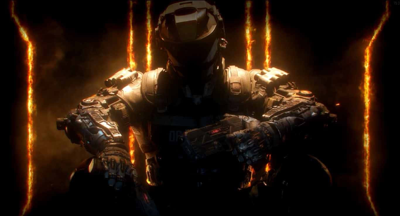 Black Ops 3 桌布 壁紙 — 一名重裝士兵站在一個黑暗的房間中，被發光的垂直火焰框住，投射出戲劇性的橙色光芒。