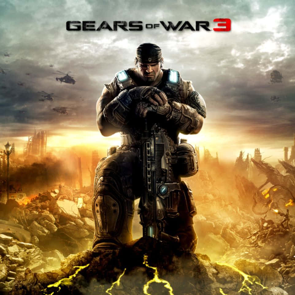 War Games 桌布 壁紙 — 一名重裝士兵跪在夕陽下的廢墟城市景觀中，手持一把帶有發光元素的巨型武器。