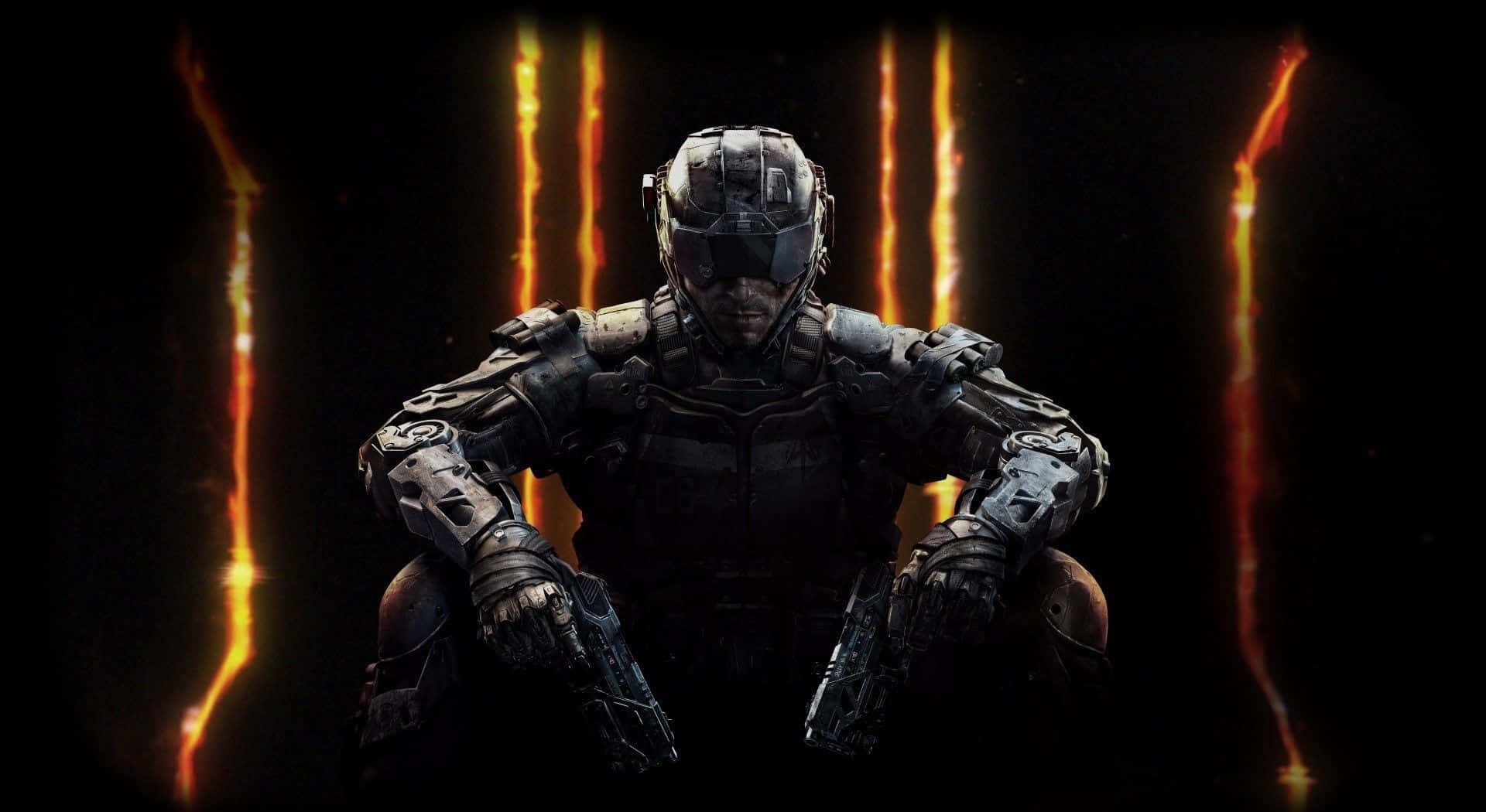 Cod 桌布 壁紙 — 一名重裝士兵蹲在黑暗中，身後有發光的橙色垂直能量光束。
