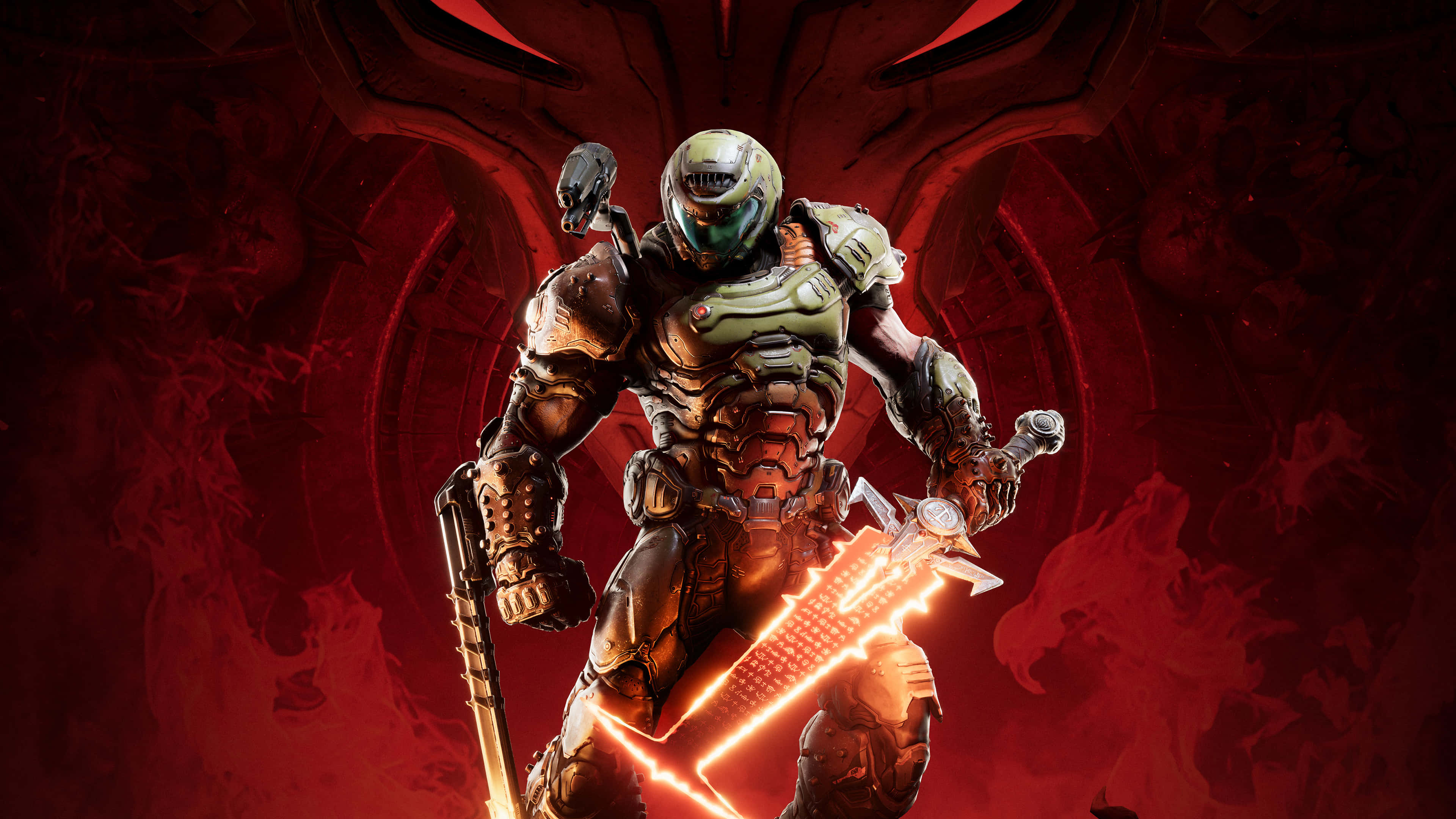 Doom 2016 桌布 壁紙 — 一名重裝太空陸戰隊員在熾熱的紅色外星背景下揮舞著發光的劍和霰彈槍。