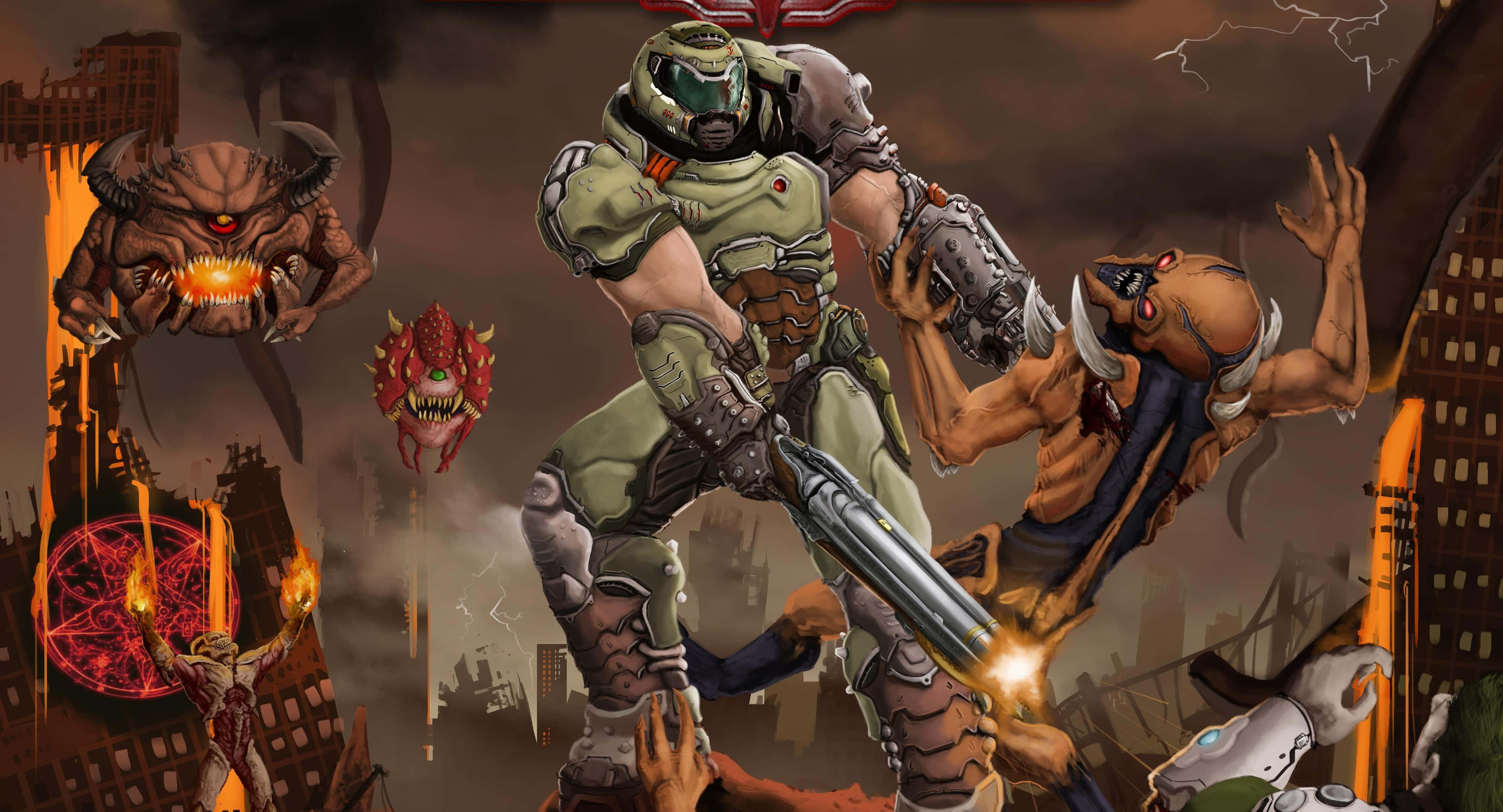 Doom Slayer 桌布 壁紙 — 一名重裝戰士在暴風雨天空下，於燃燒的廢墟城市景觀中與怪誕的惡魔戰鬥。