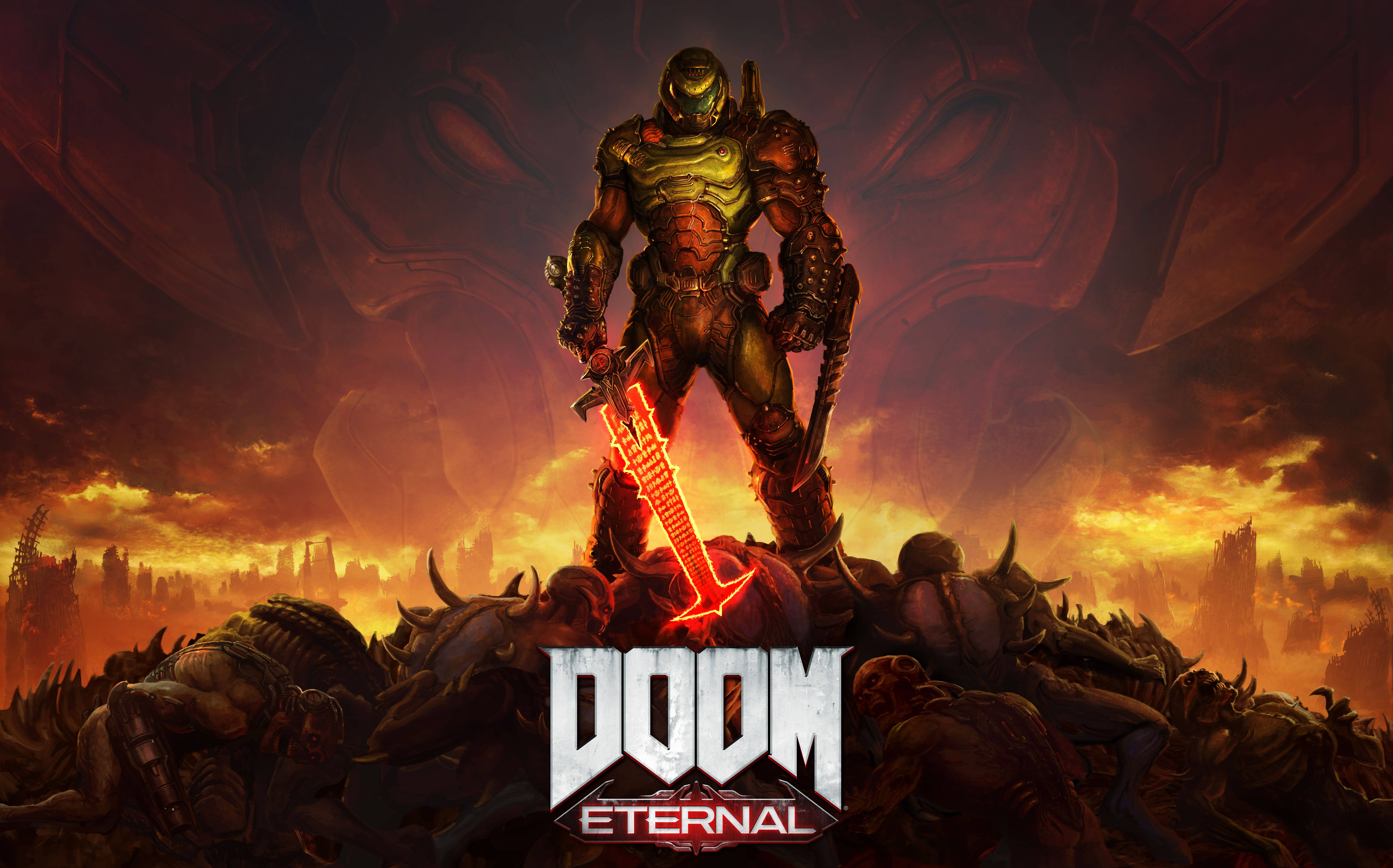 doom HD 桌布 壁紙 — 一名重裝戰士站在被擊敗的惡魔堆上，背後是熾熱的末日天空，展現勝利姿態。