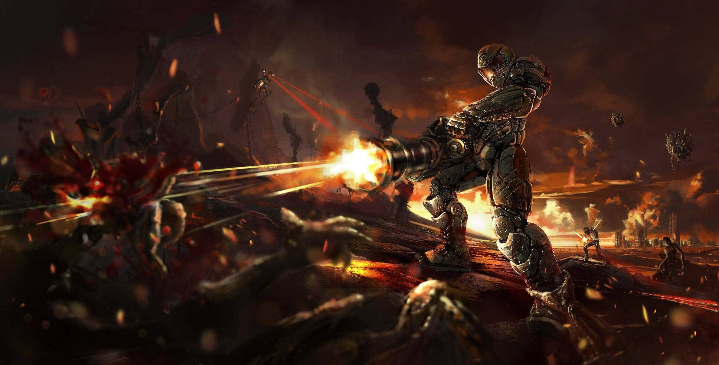 doom HD 桌布 壁紙 — 一名重裝甲戰士在熾熱的戰場上發射燃燒的大砲，爆炸和碎片四處飛揚。