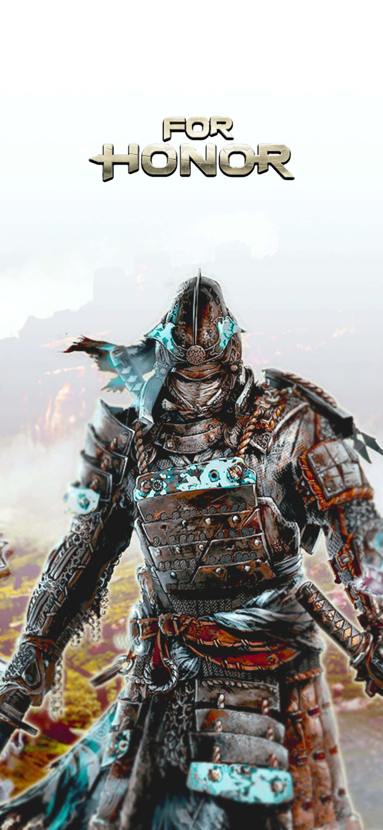 iPhone Xs Max For Honor 桌布 壁紙 — 一名重裝甲武士威嚴地站在迷霧戰場上，上方有「For Honor」標題。