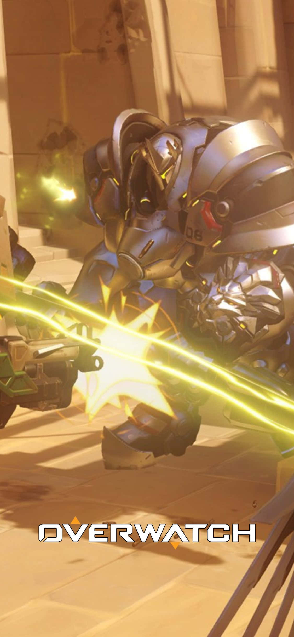 iPhone X Overwatch 桌布 壁紙 — 一名重裝甲的《鬥陣特攻》英雄在陽光照耀的石頭走廊中發射發光的黃色能量衝擊波。