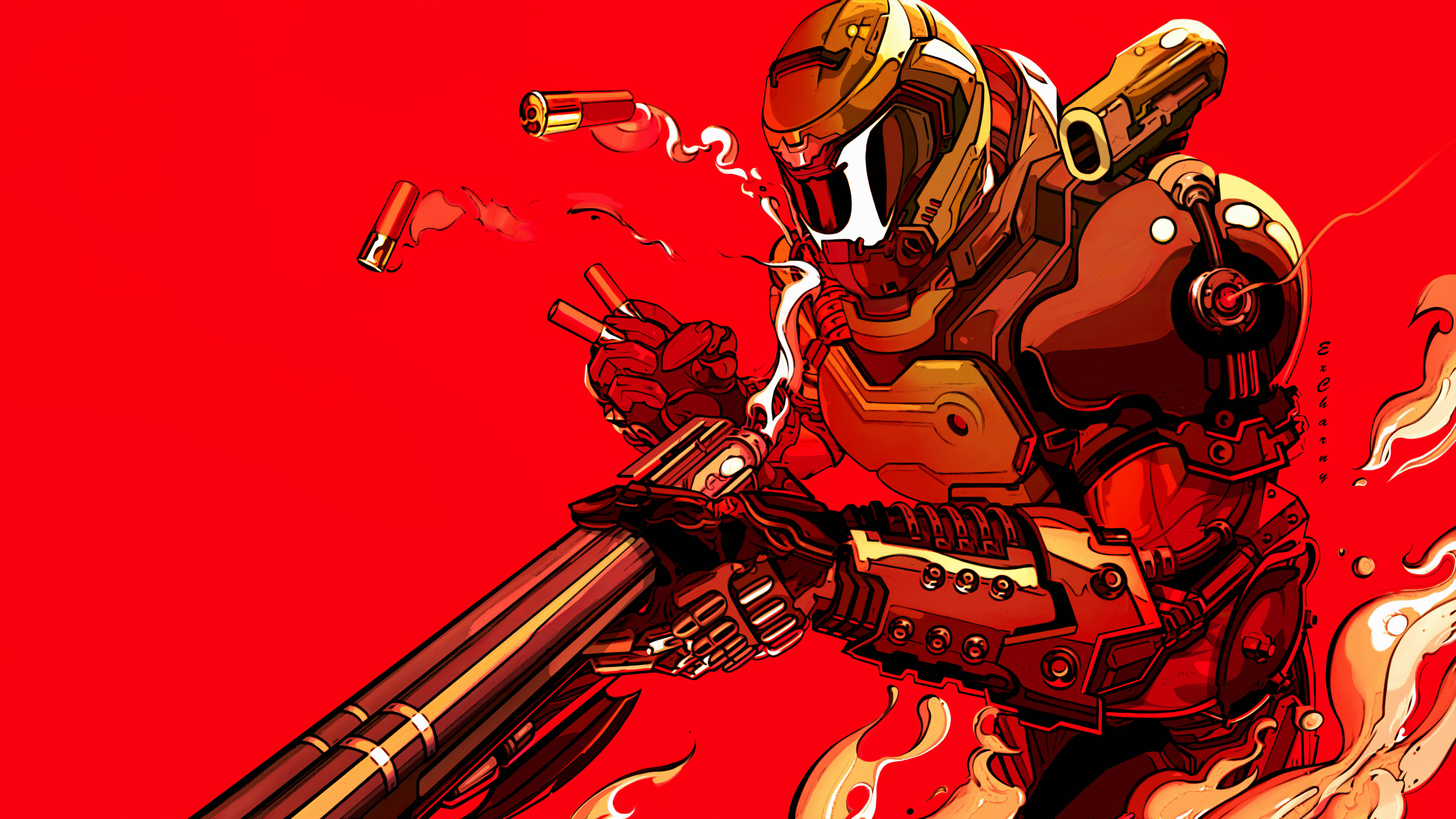 Doomguy 桌布 壁紙 — 一名金色裝甲戰士在熾熱的紅色背景前發射巨型武器，周圍有飛舞的子彈和火焰。