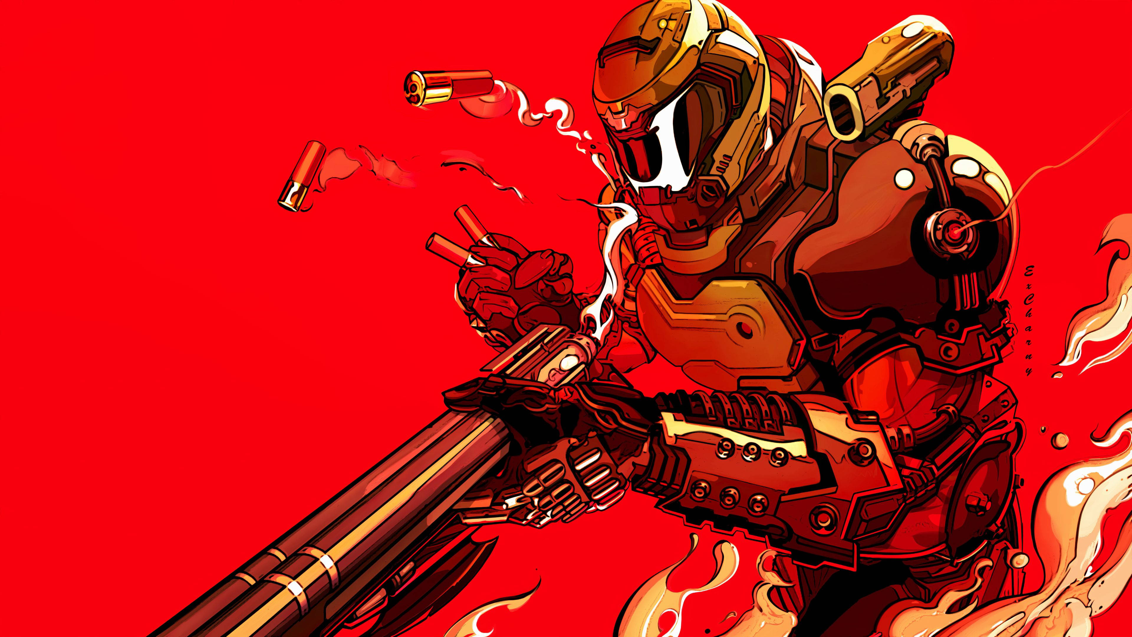 doom HD 桌布 壁紙 — 一名金色裝甲戰士在熾熱的紅色背景下發射巨型武器，子彈和火焰四處飛舞。