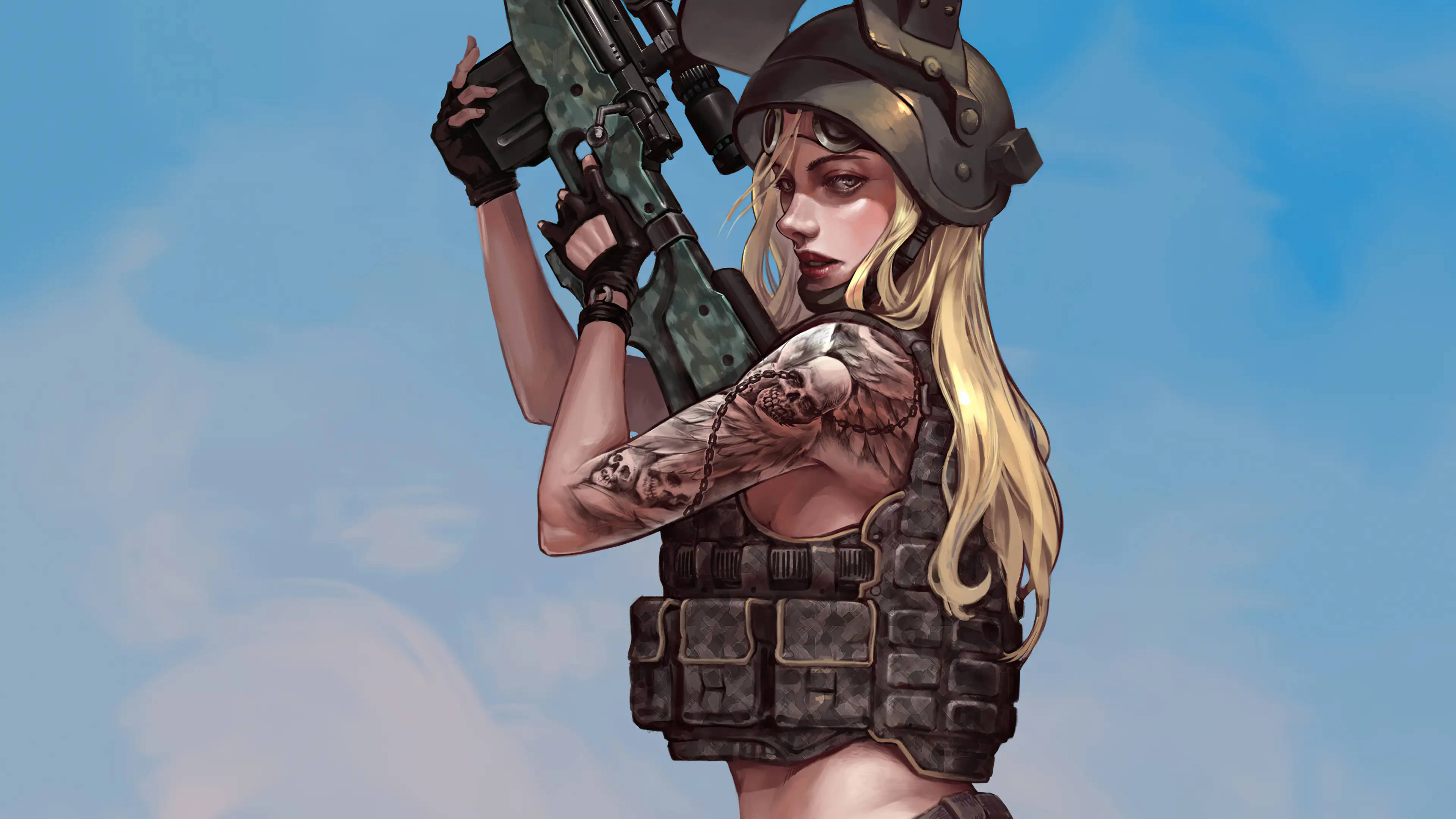 Playerunknown's Battlegrounds 桌布 壁紙 — 一名金髮女兵身穿戰術裝備，在柔和的藍天背景下手持步槍。