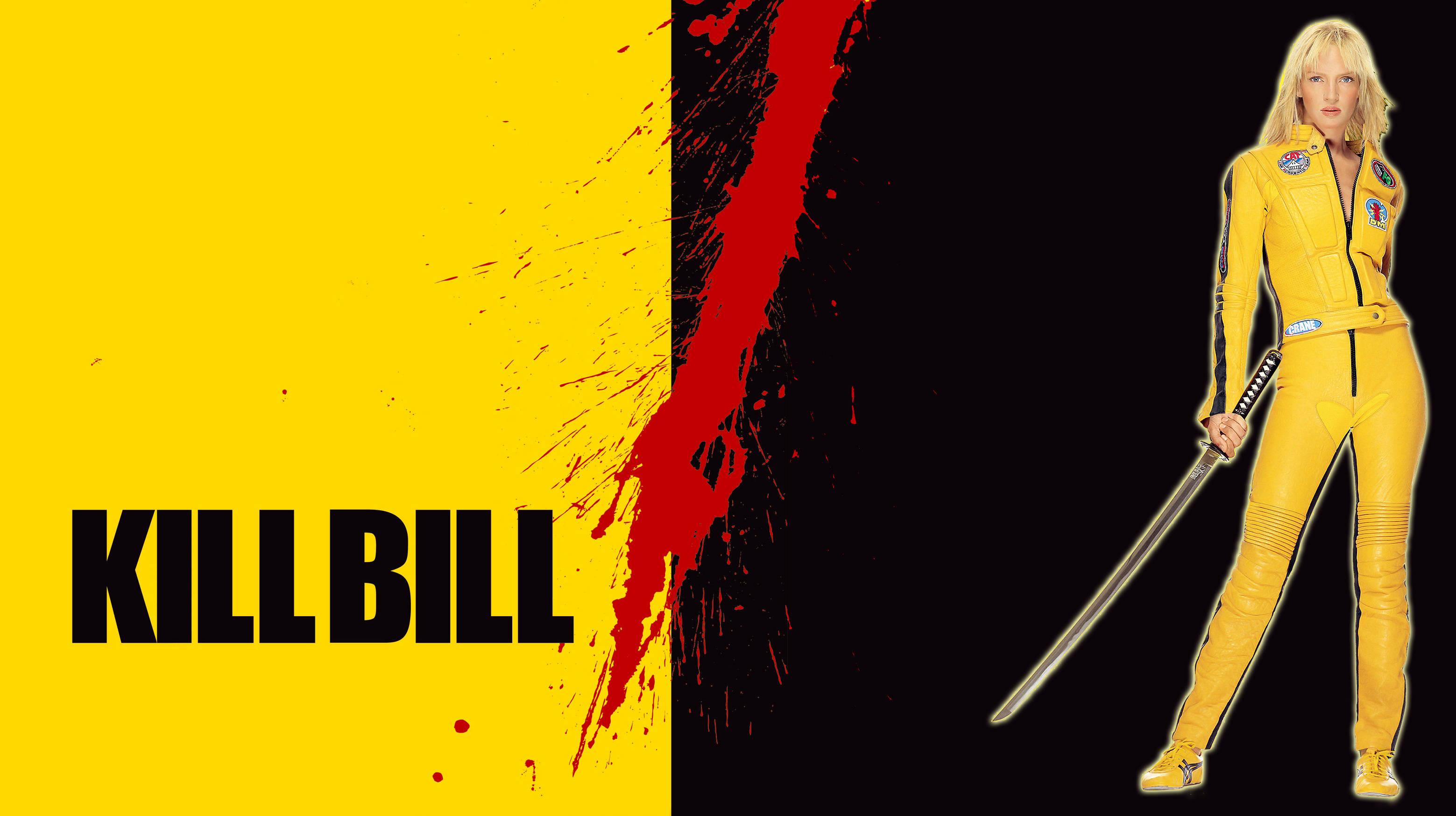 追殺比爾 桌布 壁紙 — 一名金髮女子身穿黃色連身衣，手持武士刀，背景為大膽的黃黑色，帶有紅色飛濺和「KILL BILL」文字。