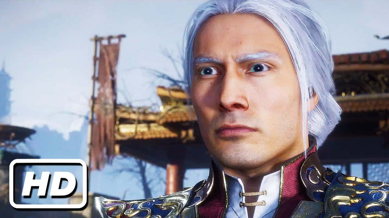 Mortal Kombat Fujin 桌布 壁紙 — 一名銀髮、眼神銳利的男子，身穿華麗盔甲，背景是模糊的亞洲風格建築。