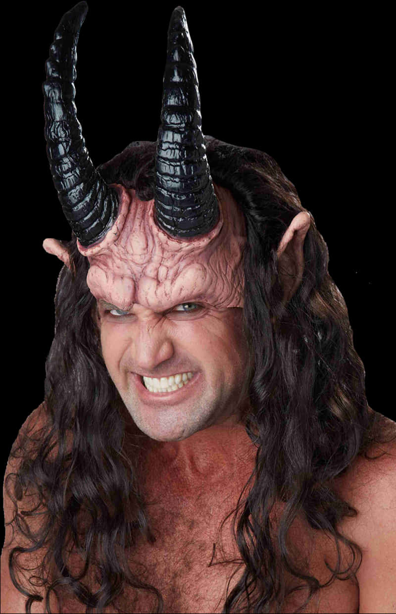 Devil Horn 桌布 壁紙 — 一名長黑髮男子戴著惡魔面具，面具上有紋理的黑角和皺紋的紅色額頭，背景為黑色。