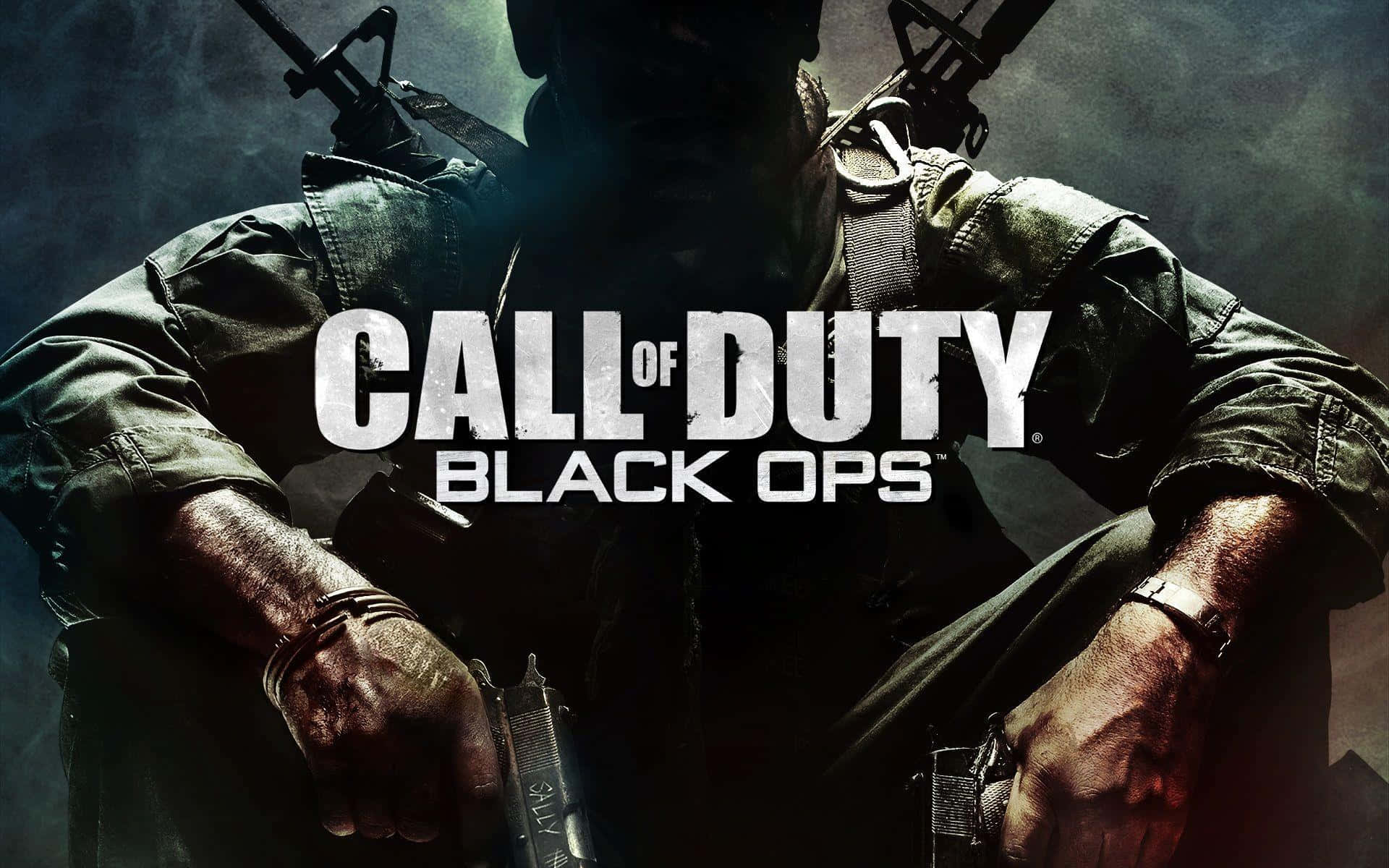 Xbox Games 桌布 壁紙 — 一名陰影中的士兵穿著戰術裝備，在戲劇性燈光下握著兩把手槍，並疊加《Call of Duty Black Ops》標題。