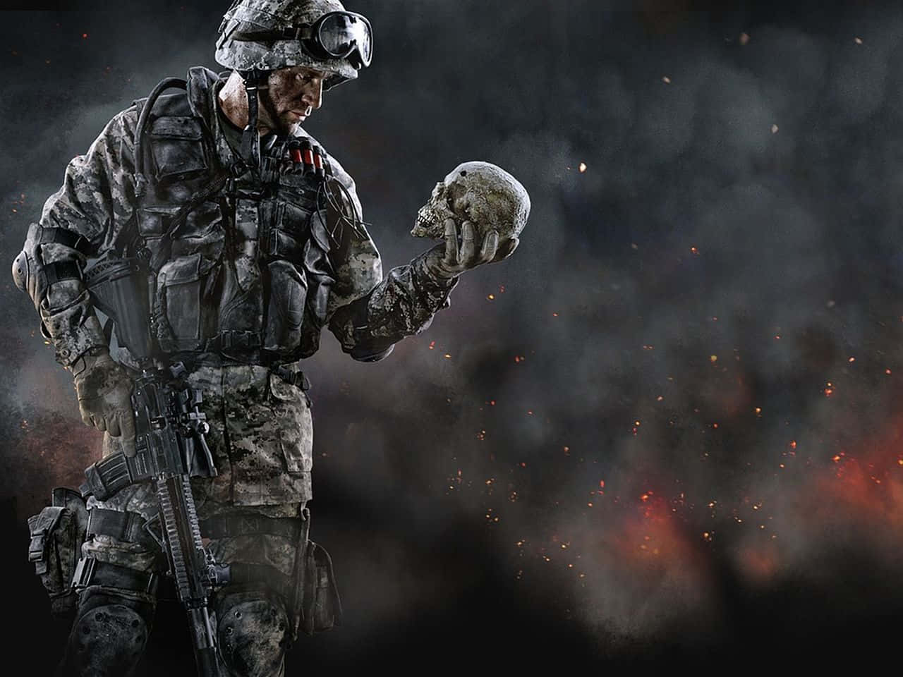桌布 壁紙 — 一名陰沉的士兵身穿全套戰鬥裝備，在煙霧和熾熱餘燼的背景下手持一個頭骨。