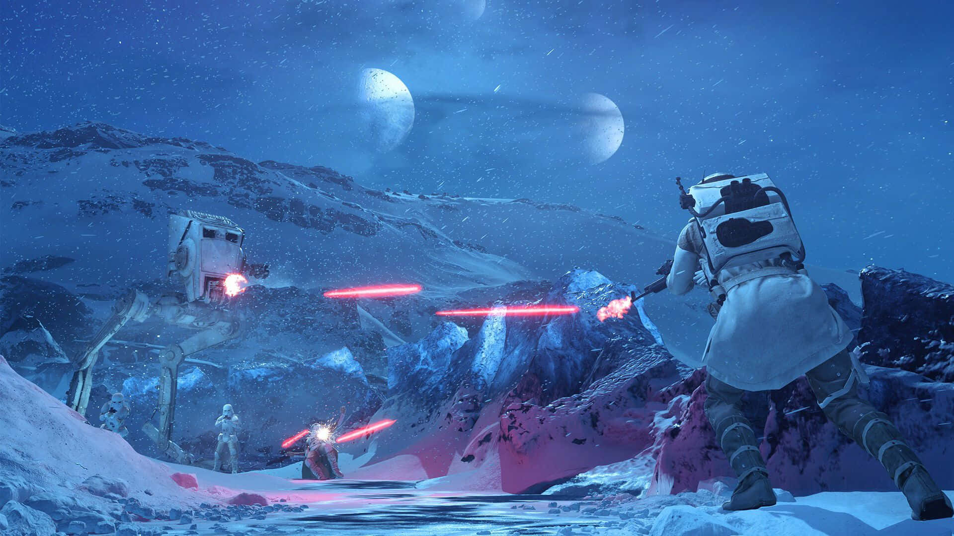 Hoth 桌布 壁紙 — 一名雪地士兵在星空下有兩個月亮的雪地外星景觀中向反抗軍發射紅色爆能槍。