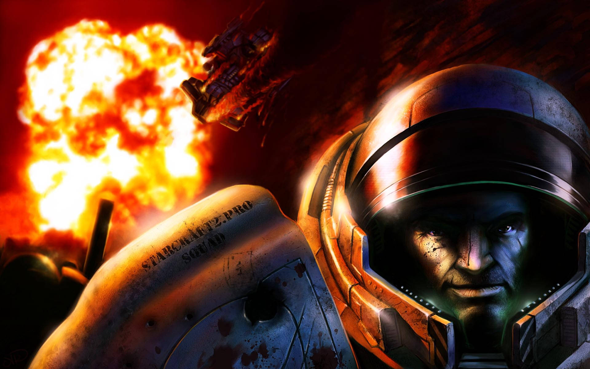 Starcraft 2 桌布 壁紙 — 一名面容陰沉的太空人，頭戴破損的頭盔，直視前方，身後一艘太空船在熾熱的橙色和紅色混亂中爆炸。