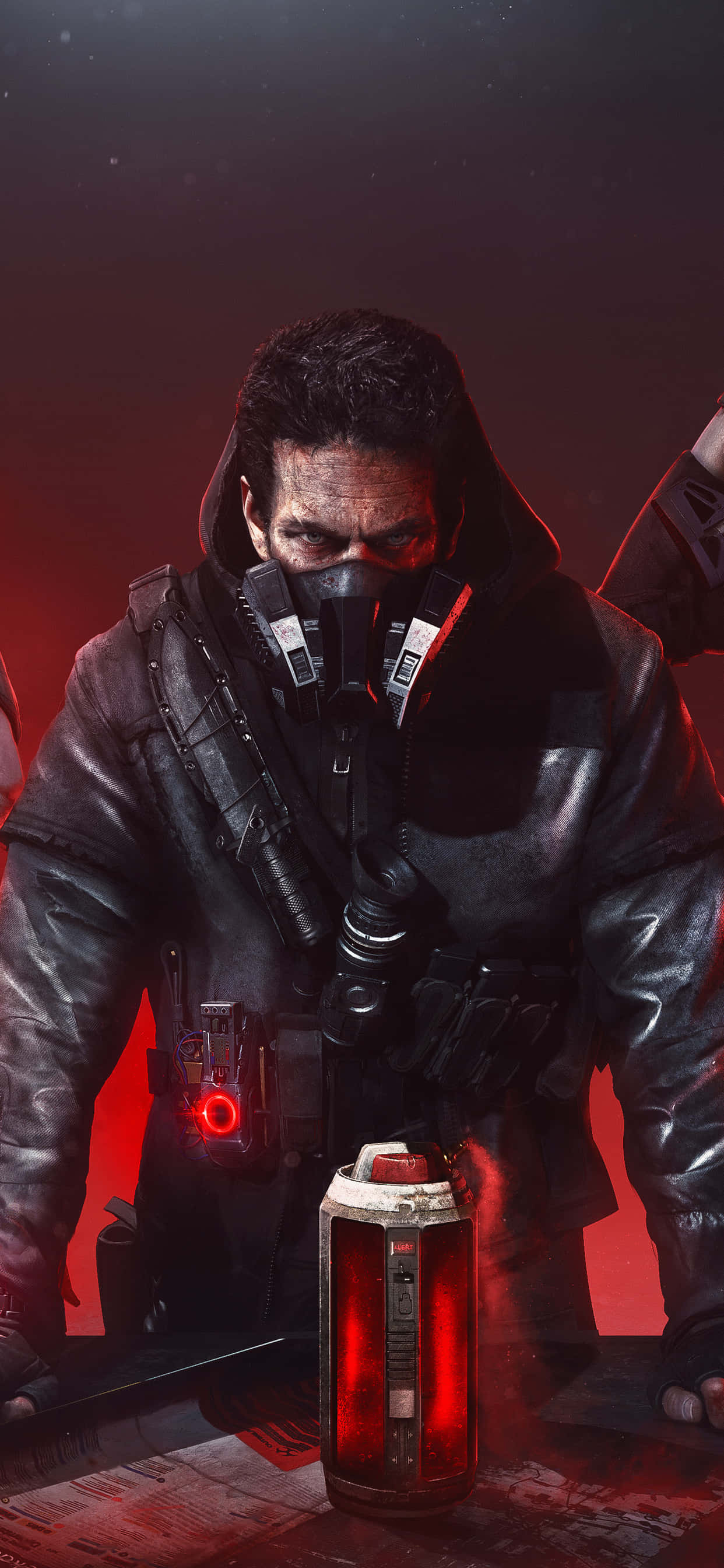 iPhone Xs Max The Division 桌布 壁紙 — 一名面色陰沉的士兵戴著防毒面具和戰術裝備，在深紅色背景下手持一個發光的紅色罐子。